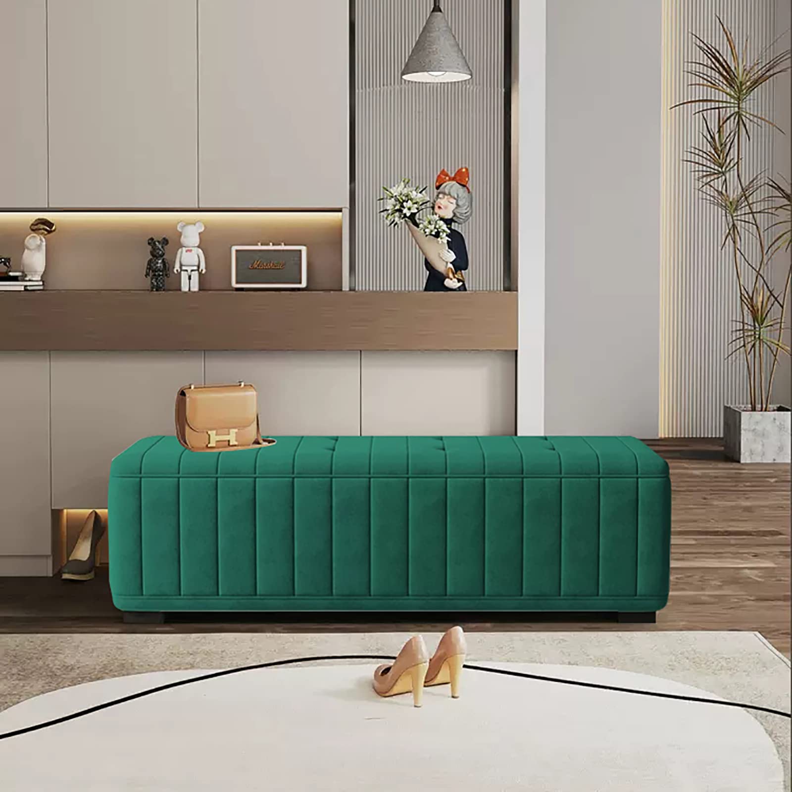 Repose-pieds rectangulaire capitonné en velours moderne avec banc ottoman de rangement pour salon