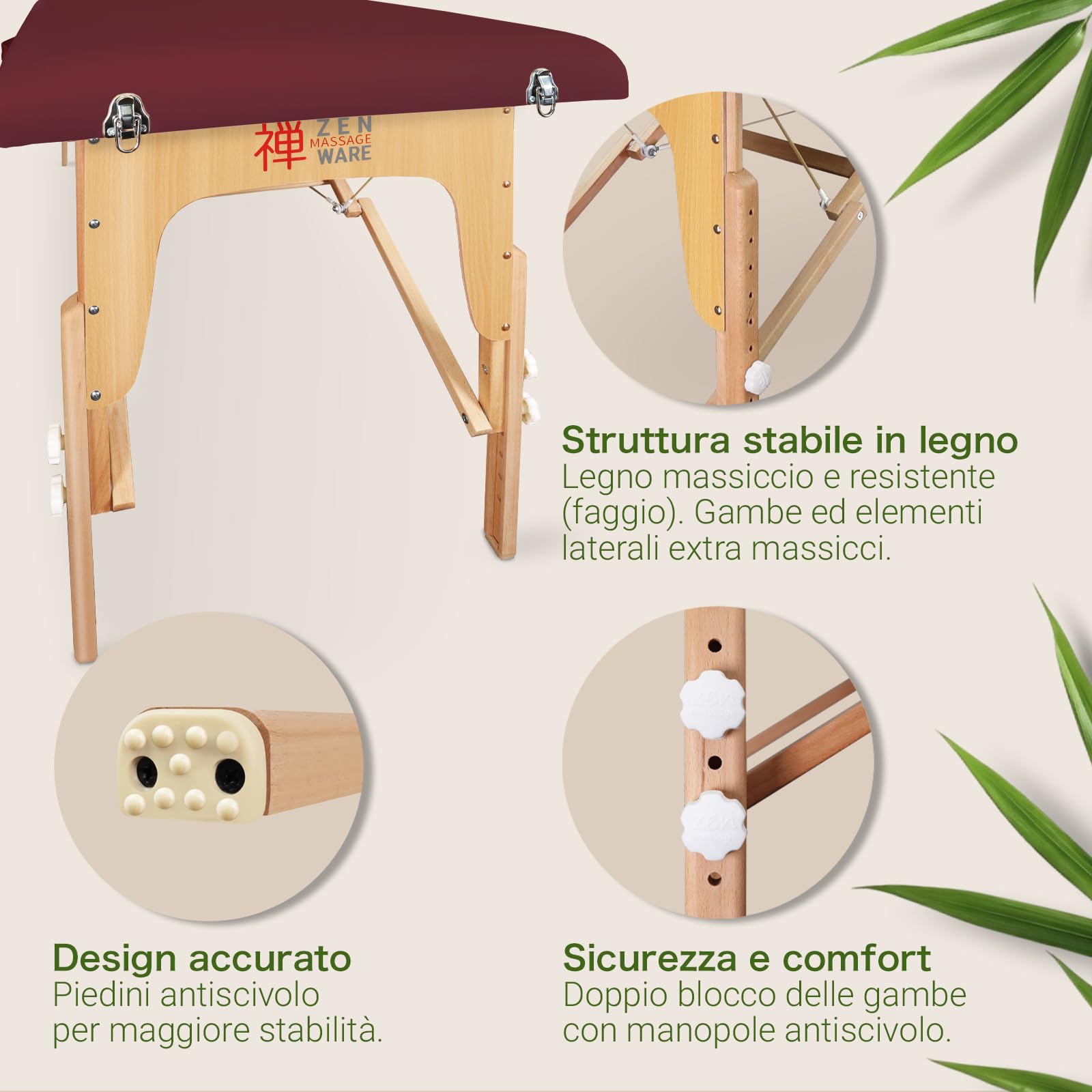 ZEN - Lettino massaggio mobile StartUp pieghevole & regolabile - tavolino massaggio legno massiccio stabile - panchina massaggio con poggiatesta, braccioli e borsa da trasporto regolabili (bordeaux)
