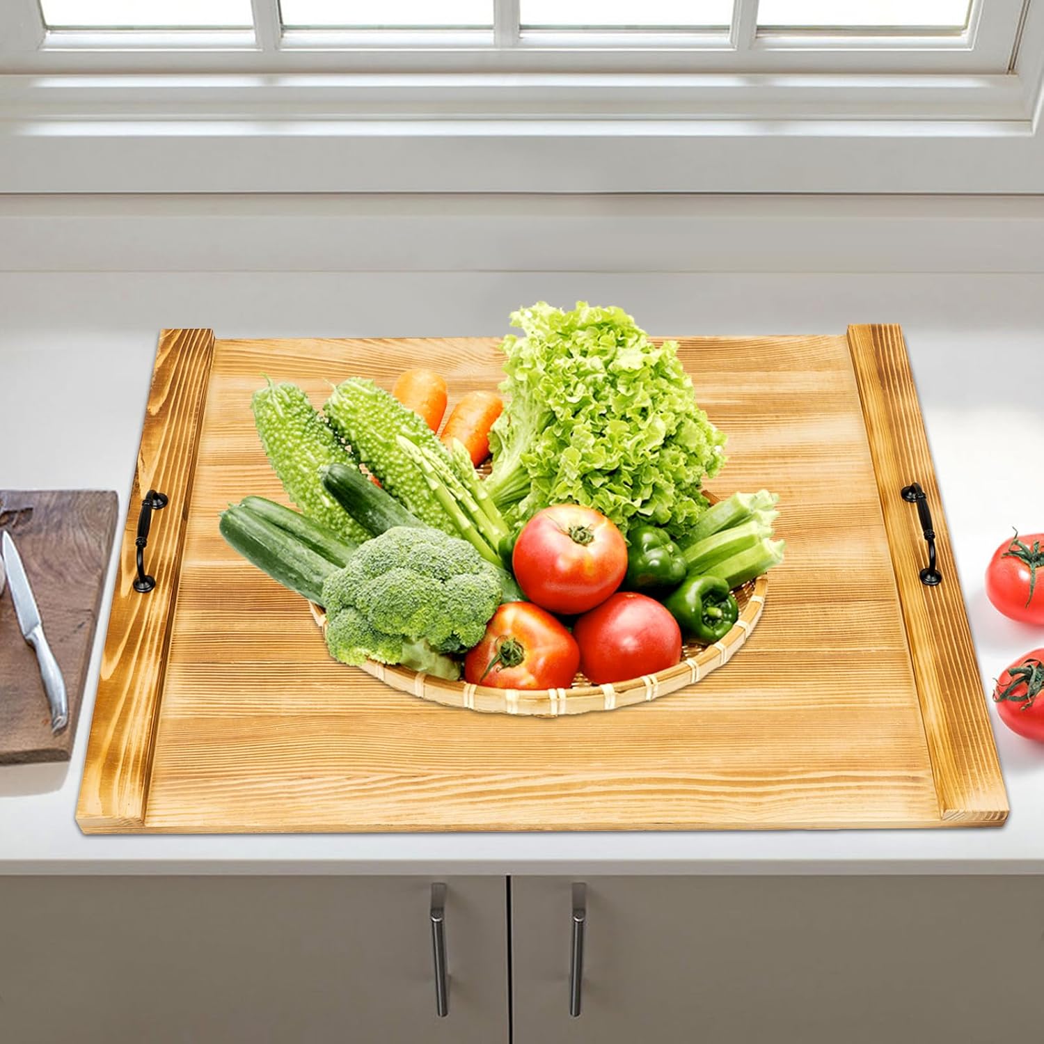 30 x 22 Inch Noodle Board Stove Covers, Wood Stove Top Cover Board with Handles, Counter Space Saver Stove Top Covers for Electric Stoves & Sink Farmhouse Rustic Decorative Tray for Kitchen