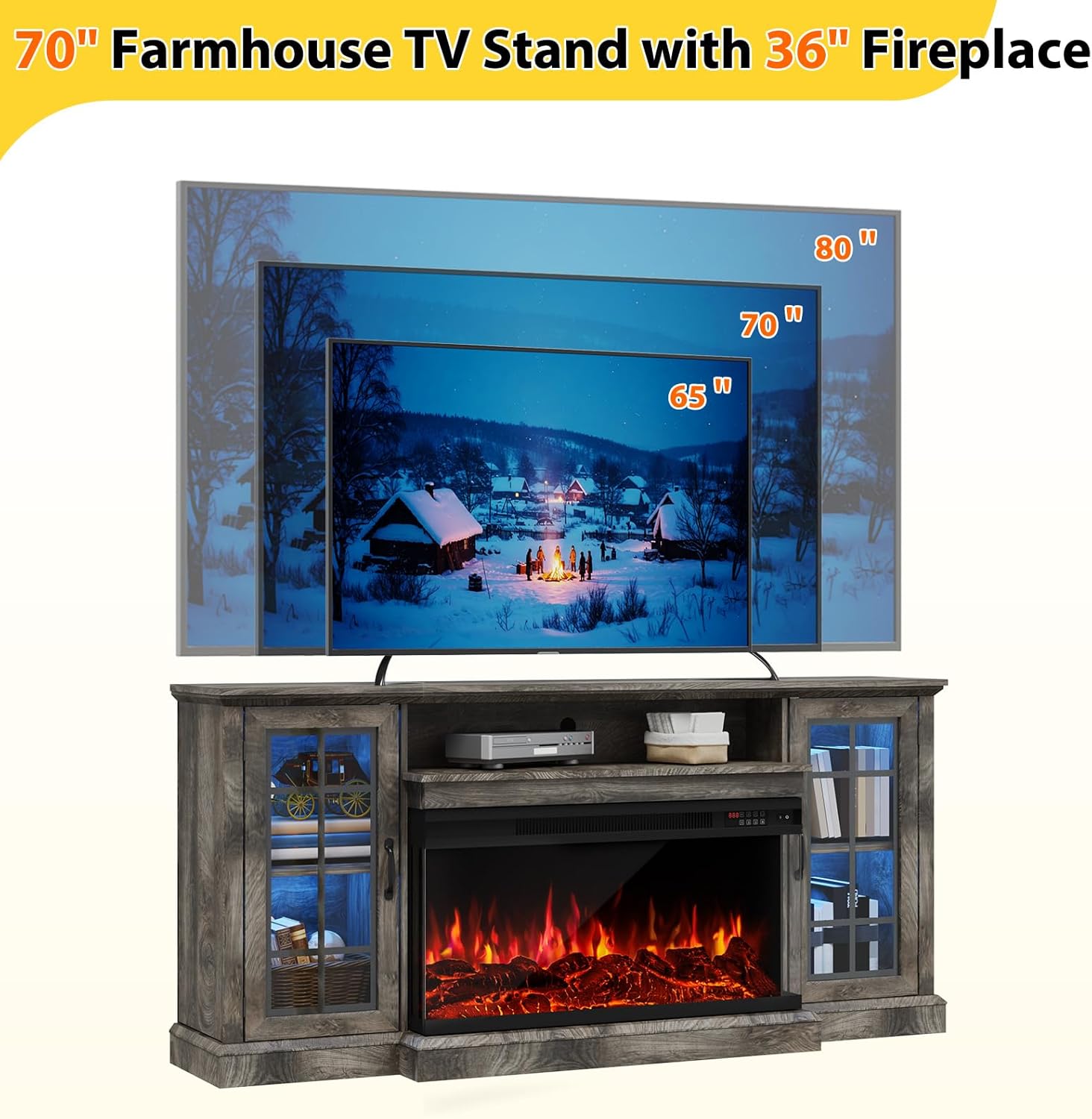 70 Inch Fireplace TV Stand for TVs up to 80", Rustic Media Entertainment Center Console Table with Glass Door Closed Storage, 3-Sided Glass Fireplace, Gray