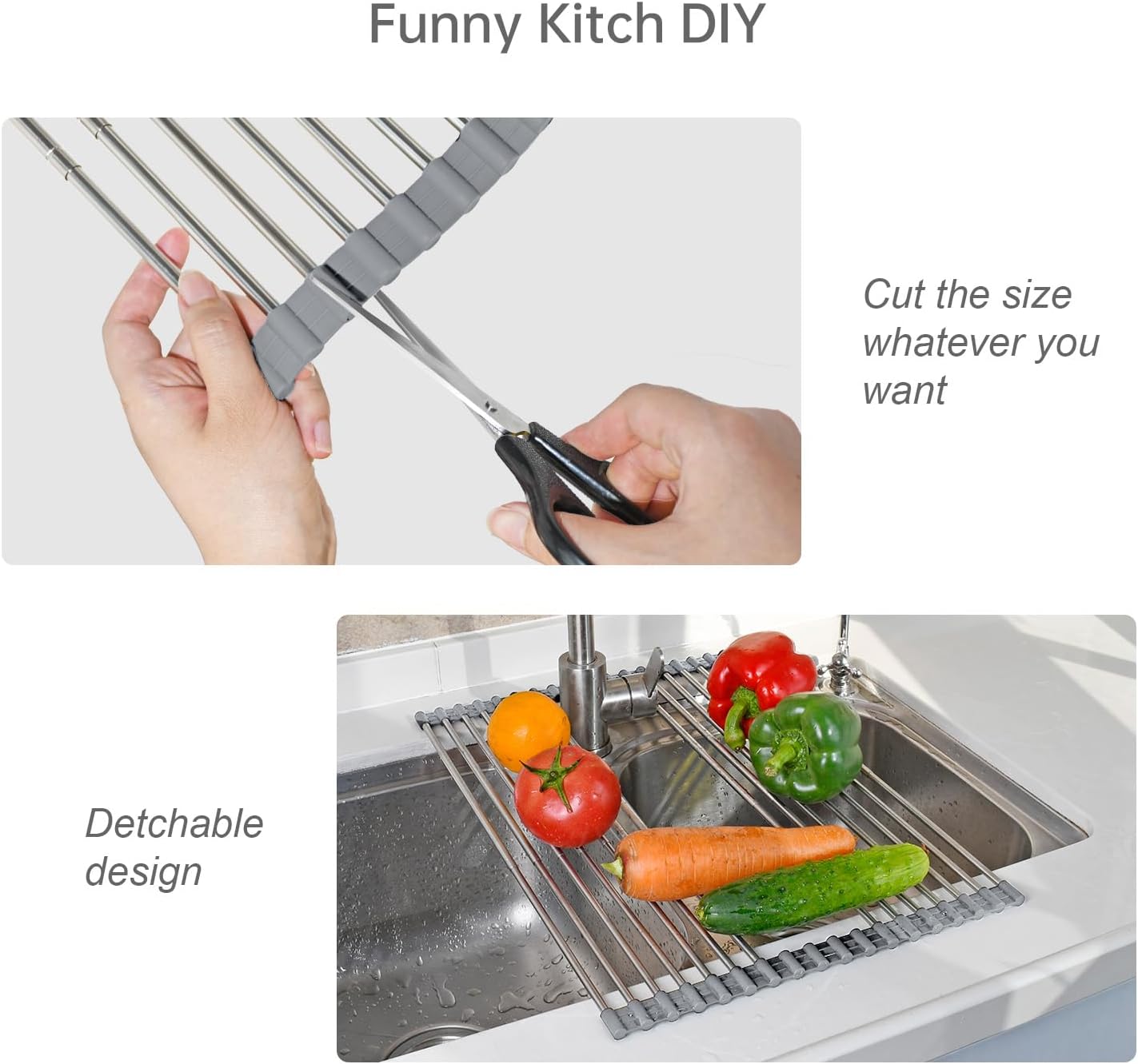 Large Expandable Roll Up Dish Drying Rack, Heat-Resistant Dish Drainer for Stainless Steel Sinks, Over The Sink Non-Slip Silicone Rollable Dish Drainer Roll Rack 18 Tube Gray 21.25''x12.79'' image 4
