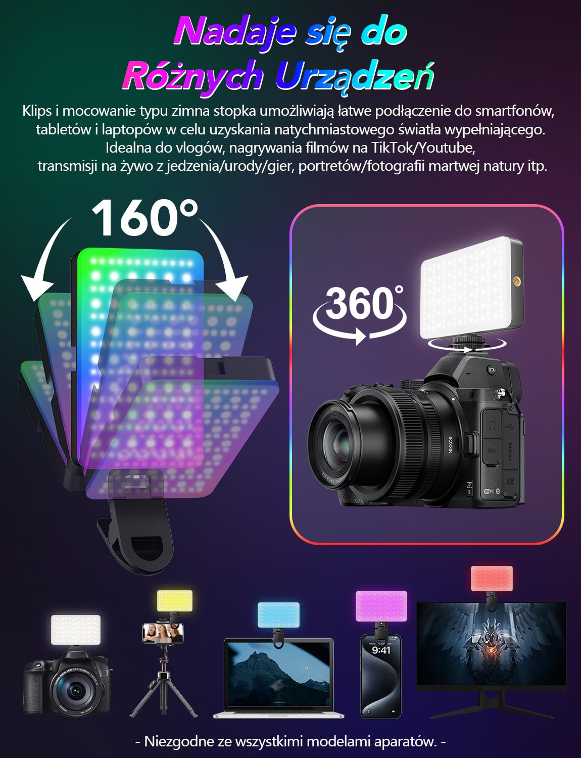 Lampki do Selfie RGB 138 Światło Kamery LED Przenośne 10 kolorów | Oświetlenie Fotograficzne Regulowana jasność 30 Trybami Scen Akumulatorowe Oświetlenie Wideo CRI 95 do Telefonu Aparatu