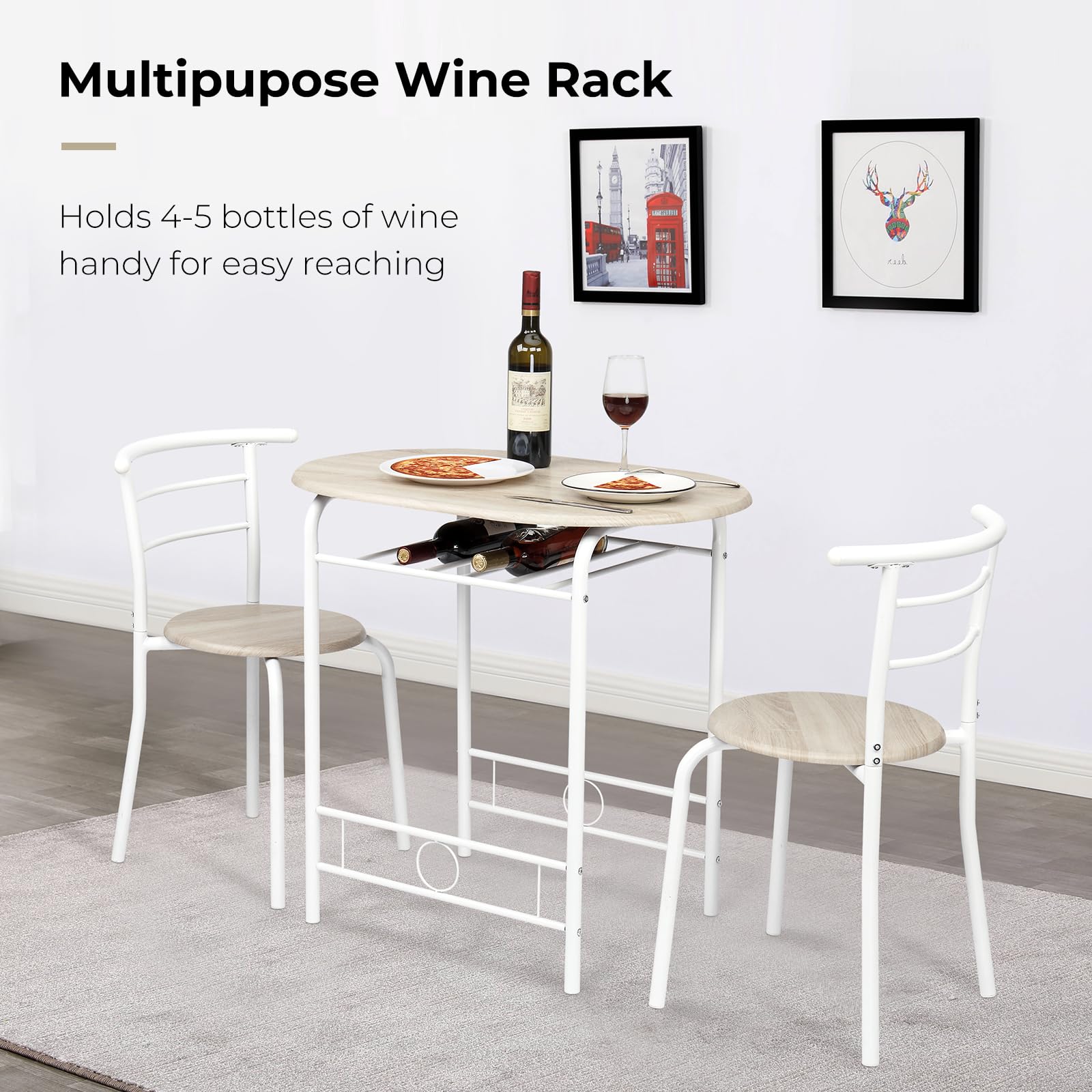 Bonnlo Esstisch Oval für 2 Personen mit Ablagefach, Küchentisch Klein mit 2 Stühlen, Dining Table Set Esszimmertisch Essgruppe Balkontisch für Küche Balkon Esszimmer (Eiche-Weiß)