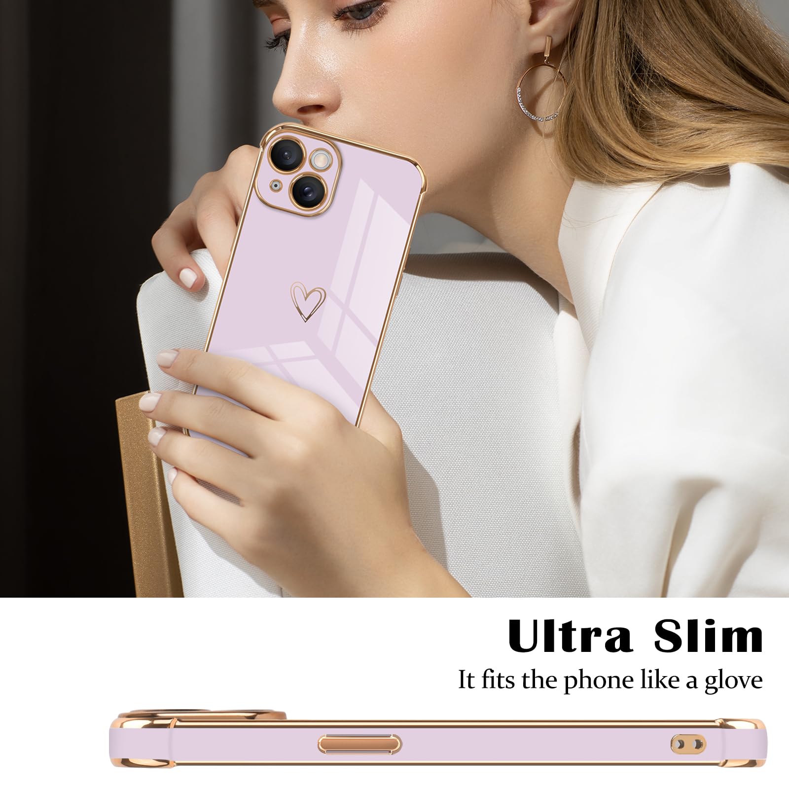 Custodia IPhone 15 Pro Max Con Cuori Dorati Per Ragazze – Morbida Silicone Viola - 4