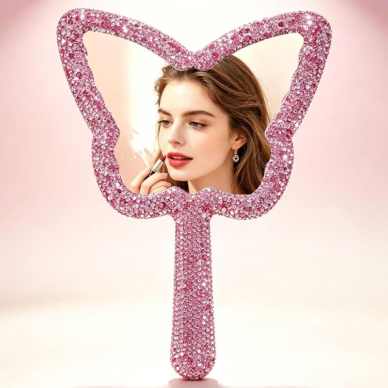 Espelho de mão Frinnovan em formato de coração com alça e acabamento em strass, branco, Butterfly-all Pink, 1 unidade