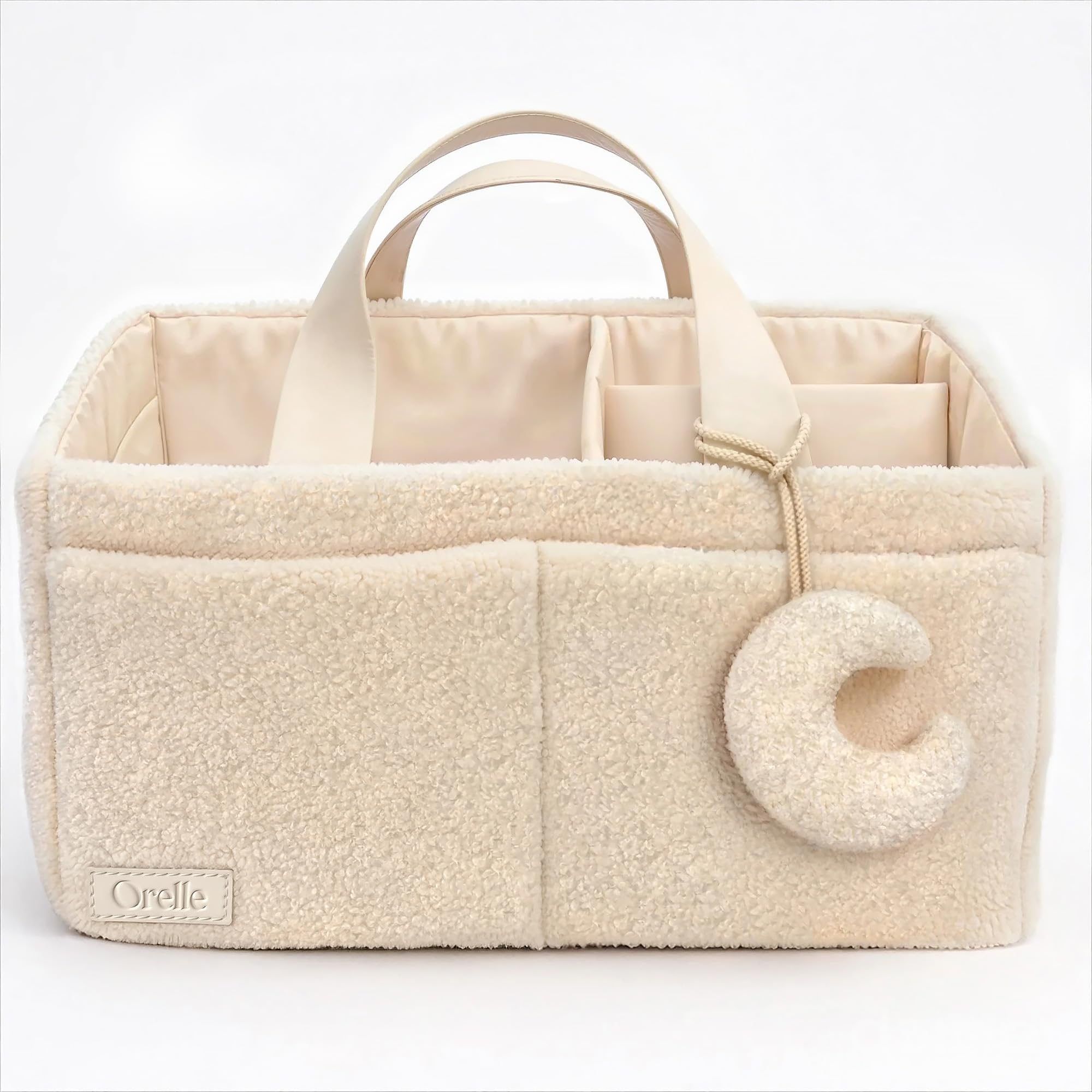 Orelle Bouclé Wickeltisch-Organizer mit passender Tasche und Mondanhänger, tragbarer Wickeltisch-Organizer, Must-Have für Babypartys, cremefarben