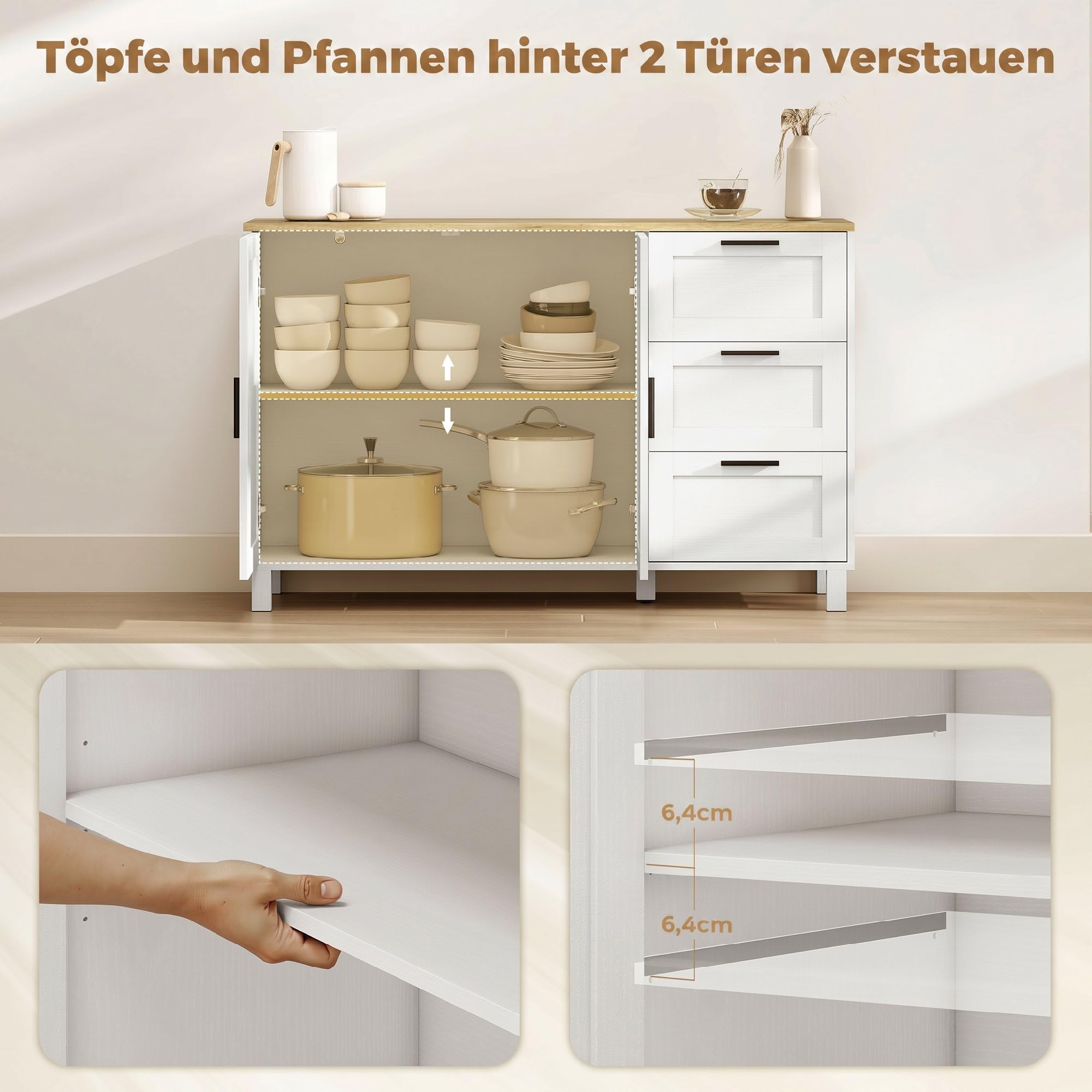 HOMCOM Sideboard Soft-Close-Türen, 3 Schubladen 120 x 38 x 76 cm Weiß