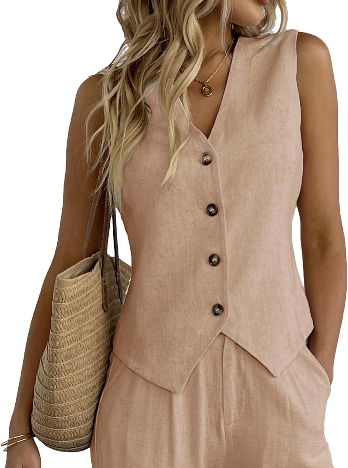 heipeiwa Women's Cotton Linen Vest Button Down Sleeveless V Neck Tank Tops Waistcoat Jacket