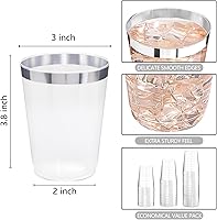 Vista 9 de DaYammi 200 Pack Silver Plastic Cups 10 Oz Clear Plastic Cups Silver Rimmed Disposable Wine Glasses Heavy Duty Disposable Tumblers Drinking Cocktail