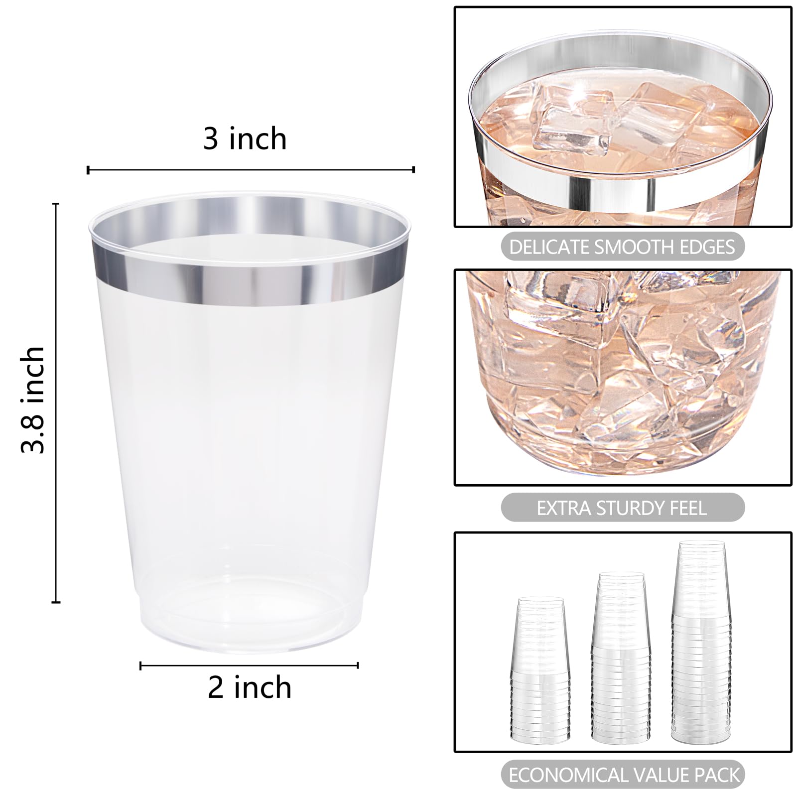DaYammi 200 Pack Silver Plastic Cups 10 Oz Clear Plastic Cups Silver Rimmed Disposable Wine Glasses Heavy Duty Disposable Tumblers Drinking Cocktail Glasses for Party Wedding — Amazon image 9