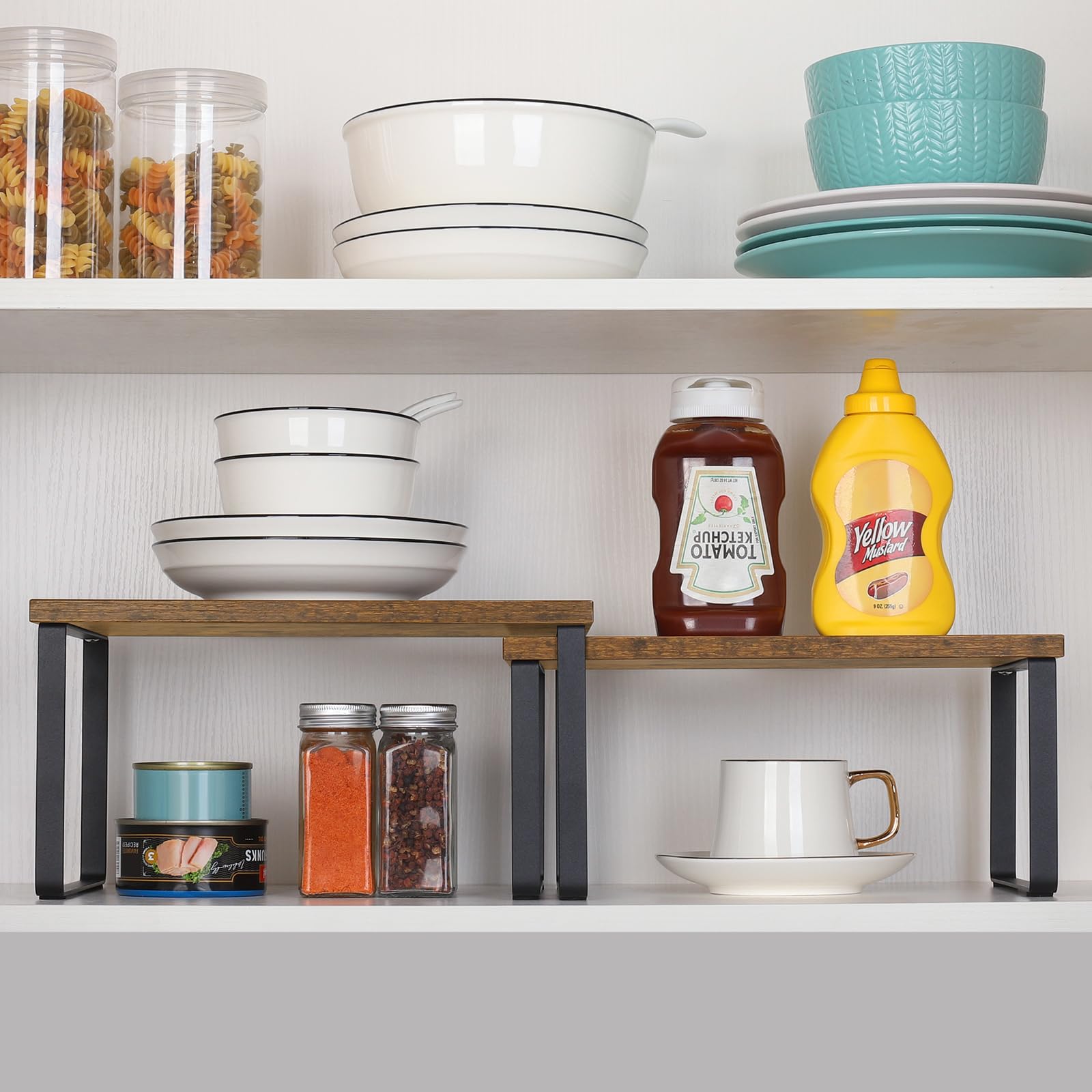 NEX Bambus Küchenschrank-Organizer 4er Set – Stapelbare Regaleinsätze, Weiß & Natur, Je Bis 15 Kg Belastbar