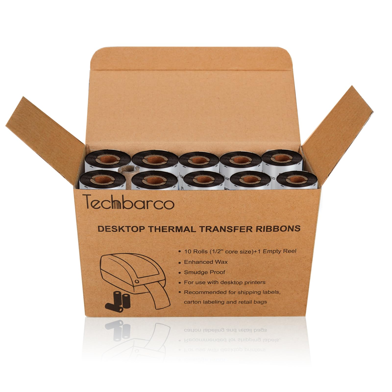 10 rotoli di nastri per trasferimento termico per stampante desktop - Cera avanzata, 110 mm x 74 m (4,33" x 244'), nucleo da 1,27 cm, per stampante desktop Zebra