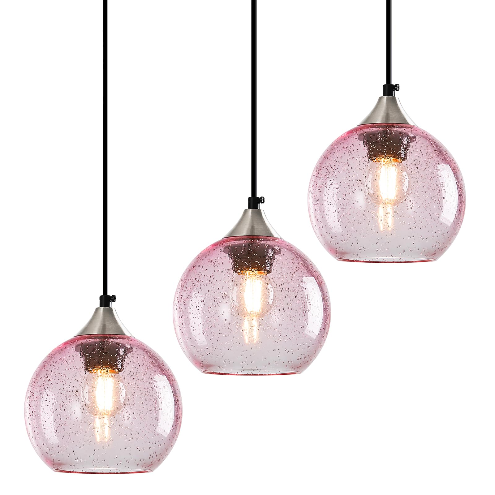 Pink Pendant Lights Kitchen Island 3 Pack, 5.9 in Seeded Glass Globe
