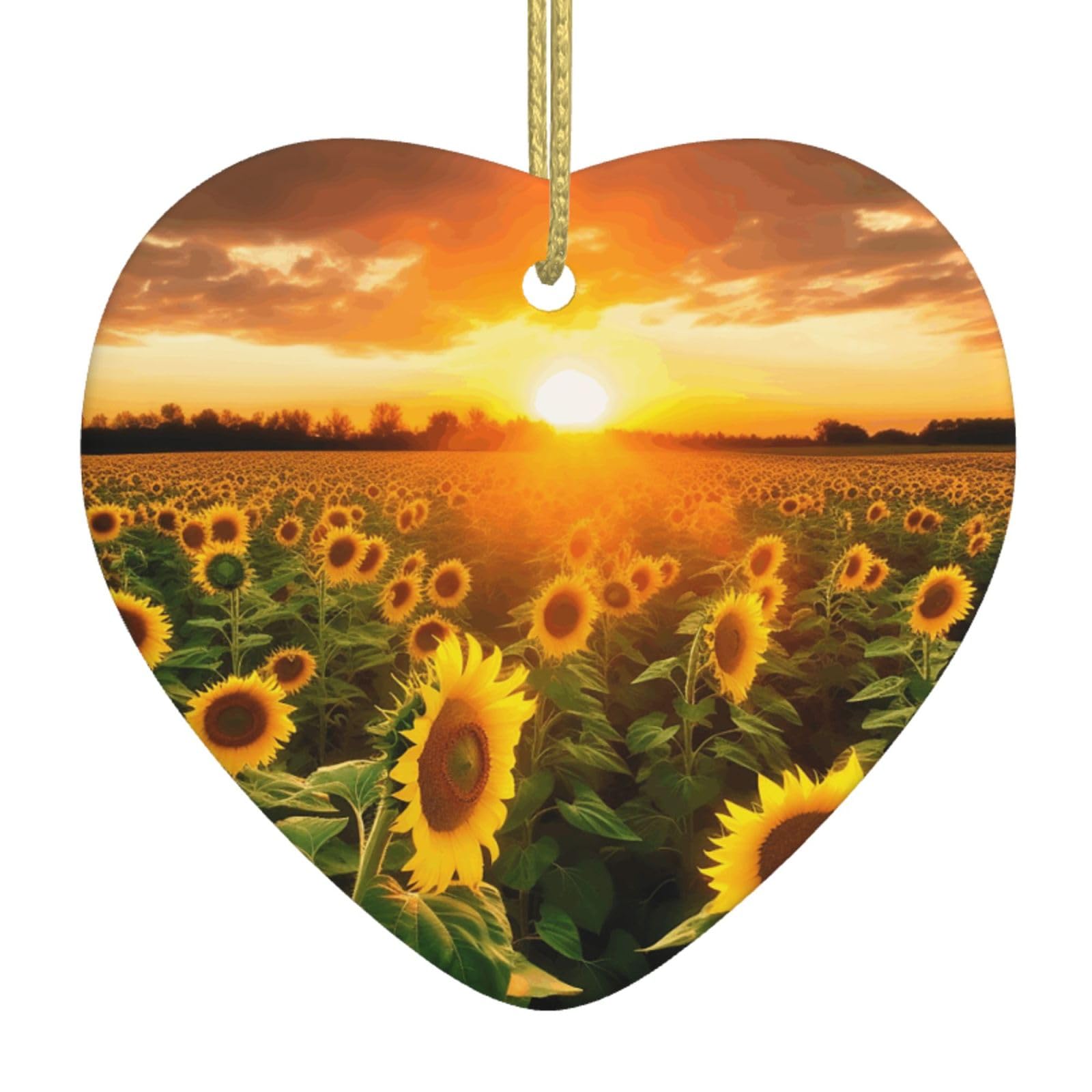 Ceramic Christmas Tree Hanging Ornaments with Gold Ropes Christmas Tree Decorations Heart Ceramic Sunflower Field Sunset Pendant Keepsake Decorations for Holiday Xmas Gift Ideas