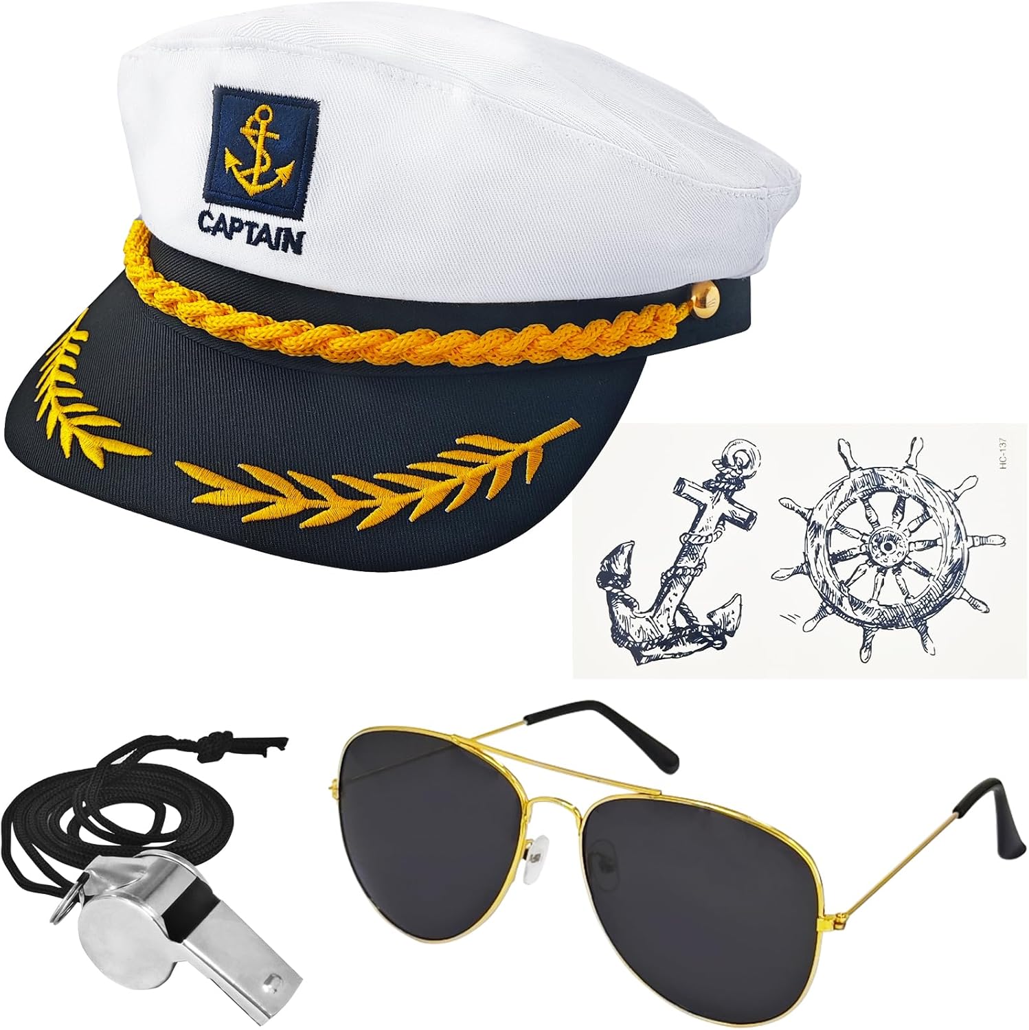 Yacht Captain Hat Costume Accessories Set,Sailor Ship Hat,Boat Captain Prop,Nautical Hats with Sunglasses,Tattoo Stickers,Whistles for Party,Role Playing