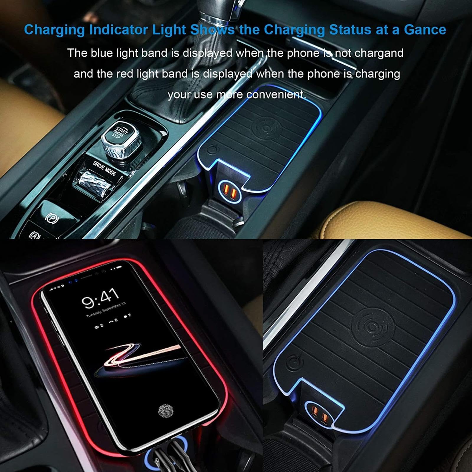 XLARSH Car Wireless Charger, for v-olvo XC90 XC60 S90L V90 2017 2018 2019, Automobile Chargers Center Console Holder Storage Box Interior Accessory, Fast Charging 3.0 USB Port 36W and 1 Type-C USB