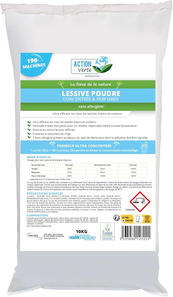 ACTION VERTE - Lessive poudre parfumée concentrée - Elimine toutes les ...