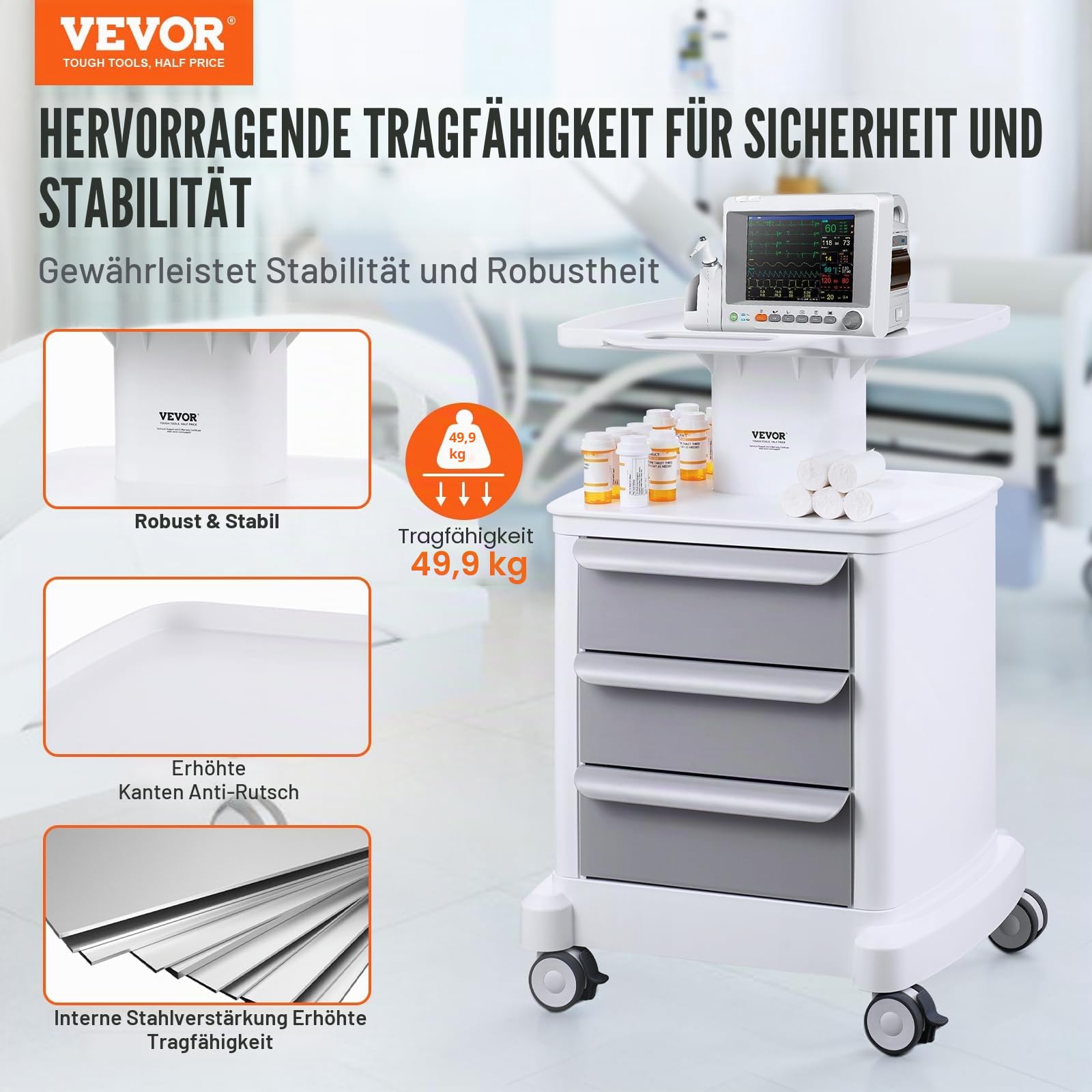 VEVOR Laborwagen Medizinwagen mit 3 Schubladen und 1 oberer Ablage, Rollbarer Laborwagen ABS-Material, 50 kg belastbarer Servierwagen Medizinischer Wagen für Labor, Klinik, Krankenhaus, Salon, weiß