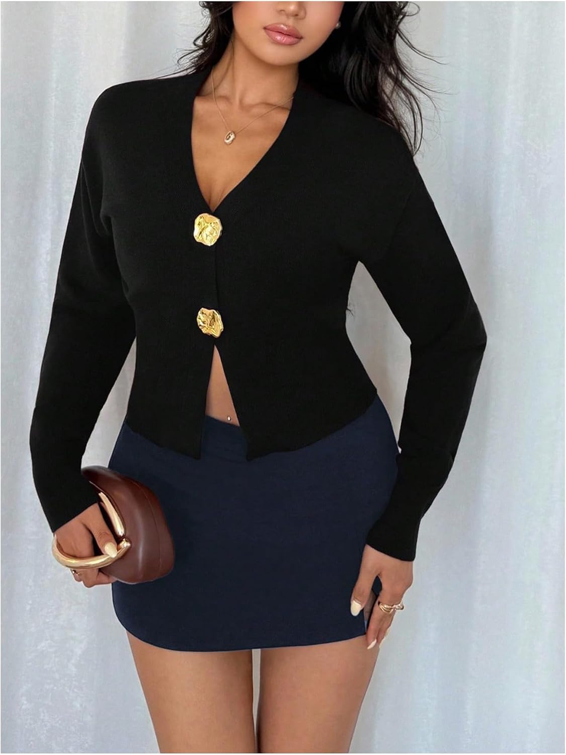 SHENHE Women's Knit Cardigan Sweater V Neck Gold Button Down Fitted Elegant Crop Sweater - Image 5