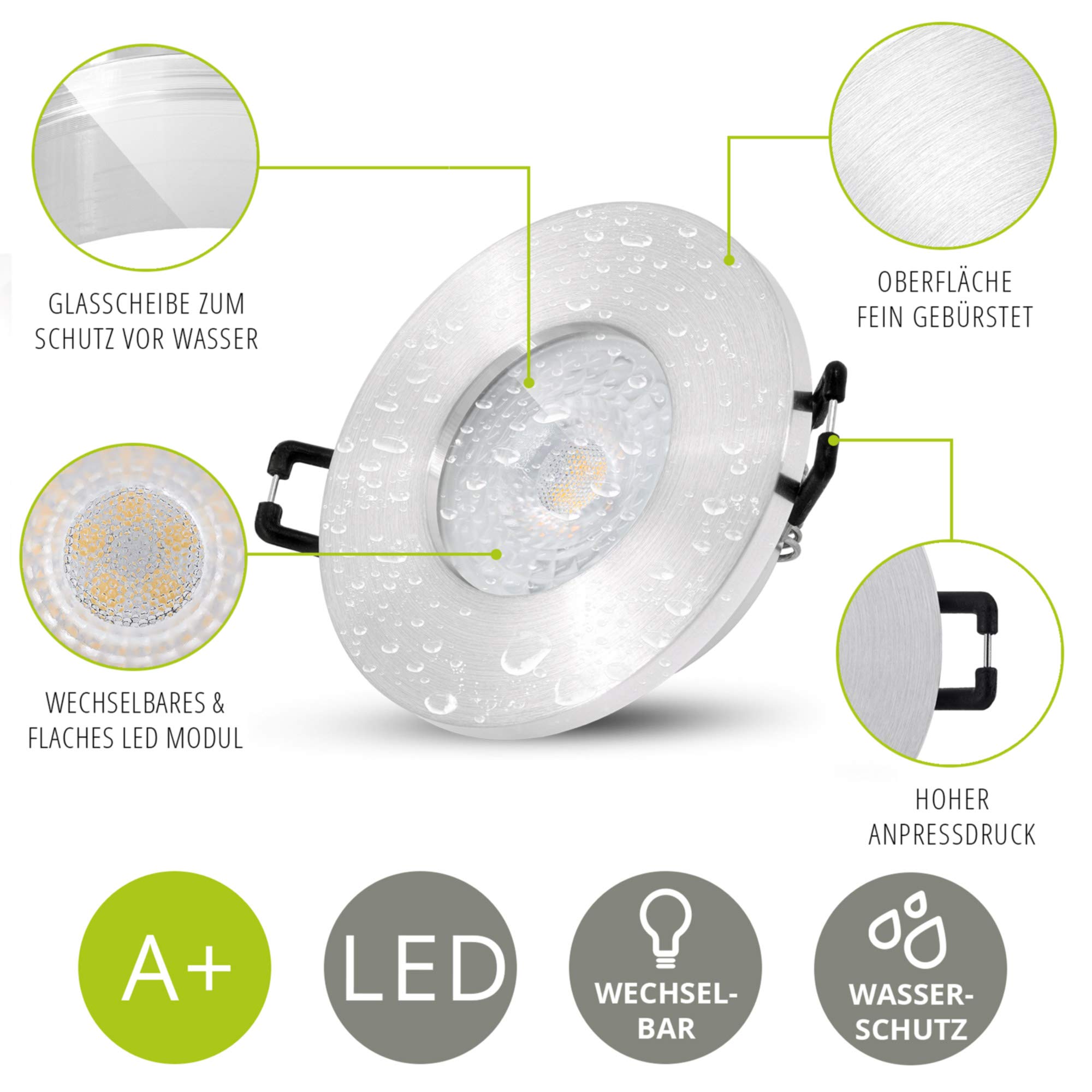 linovum ISASO Einbauspot 10er Set silber IP65 LED-Modul 4W warmweiß 30mm | Zehn flache Deckenspots IP65 Alu gebürstet - warmweiß, nur 30mm tief, für Bad & Dusche, inkl. LED-Modul
