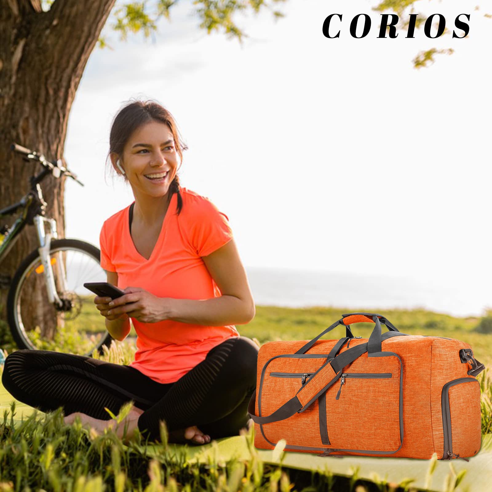 CORIOS Borsone da Viaggio Uomo/Donna 85L Pieghevole Borsa Sportiva Grande Bagaglio a Mano con Scomparto Scarpe Borsone Palestra Ultra-Leggero Piscina Palestra Weekender Pernottamento Arancio A