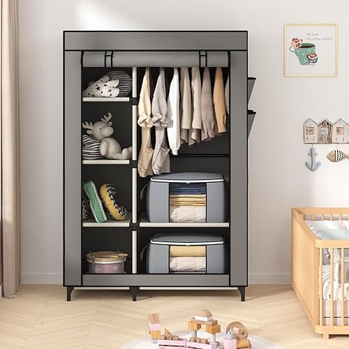 Miniatura 6 de Calmootey Armario portátil, armario con 6 estantes y barra para colgar, organizador de almacenamiento para dormitorio, funda de tela no tejida con 4