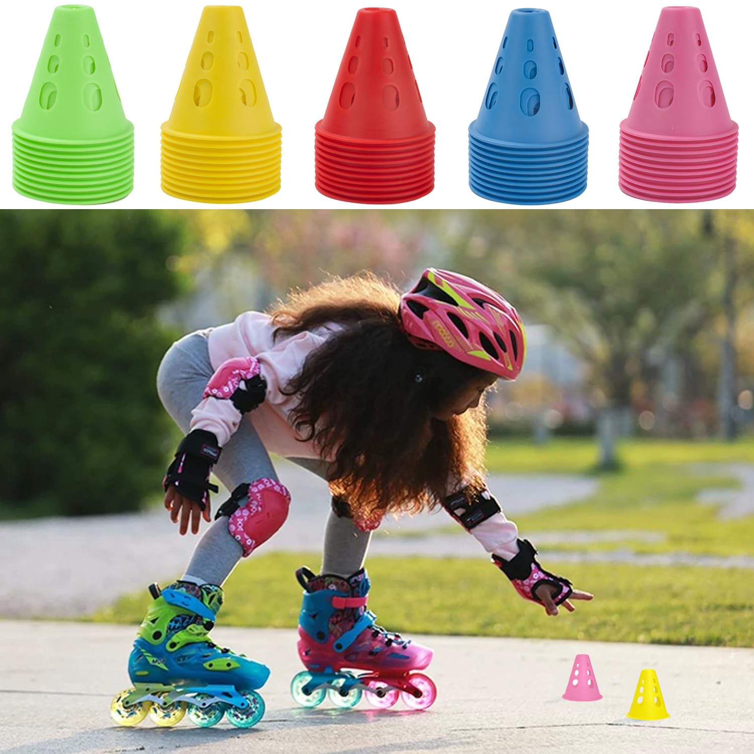 Coni di Slalom,Slalom Coni di Allenamento，Coni per Allenamento Sportivo, Set da 50 Pezzi, Ostacoli per l'allenamento di Bambini, Calcio e Pattinaggio a rotelle