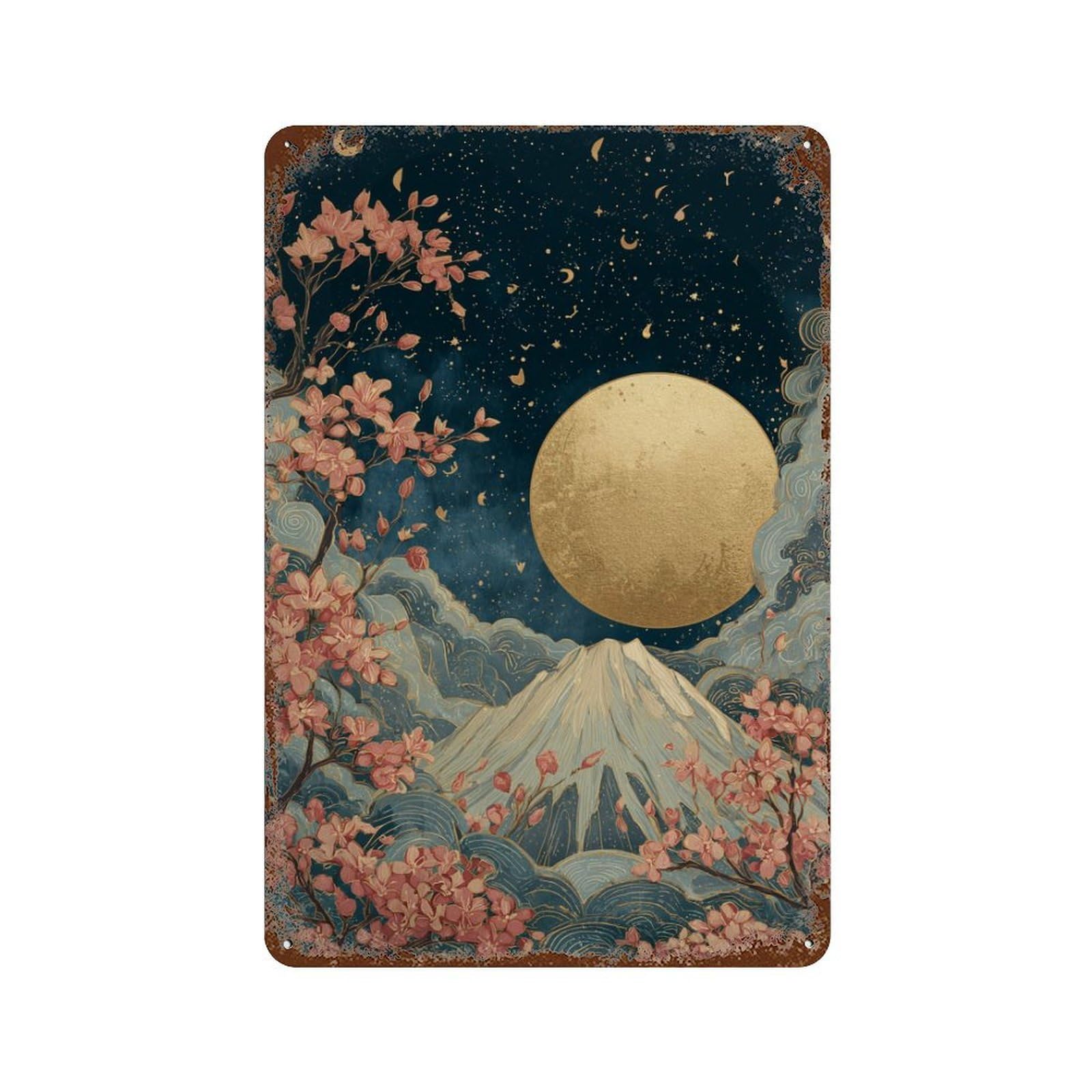 Rust Effect Cherry Blossom Moonlit Mountain Rusty Metal Tin Sign 11.8"x7.9", Farmhouse Wall Decor for Cafe, Home Bar And Lounge Decor