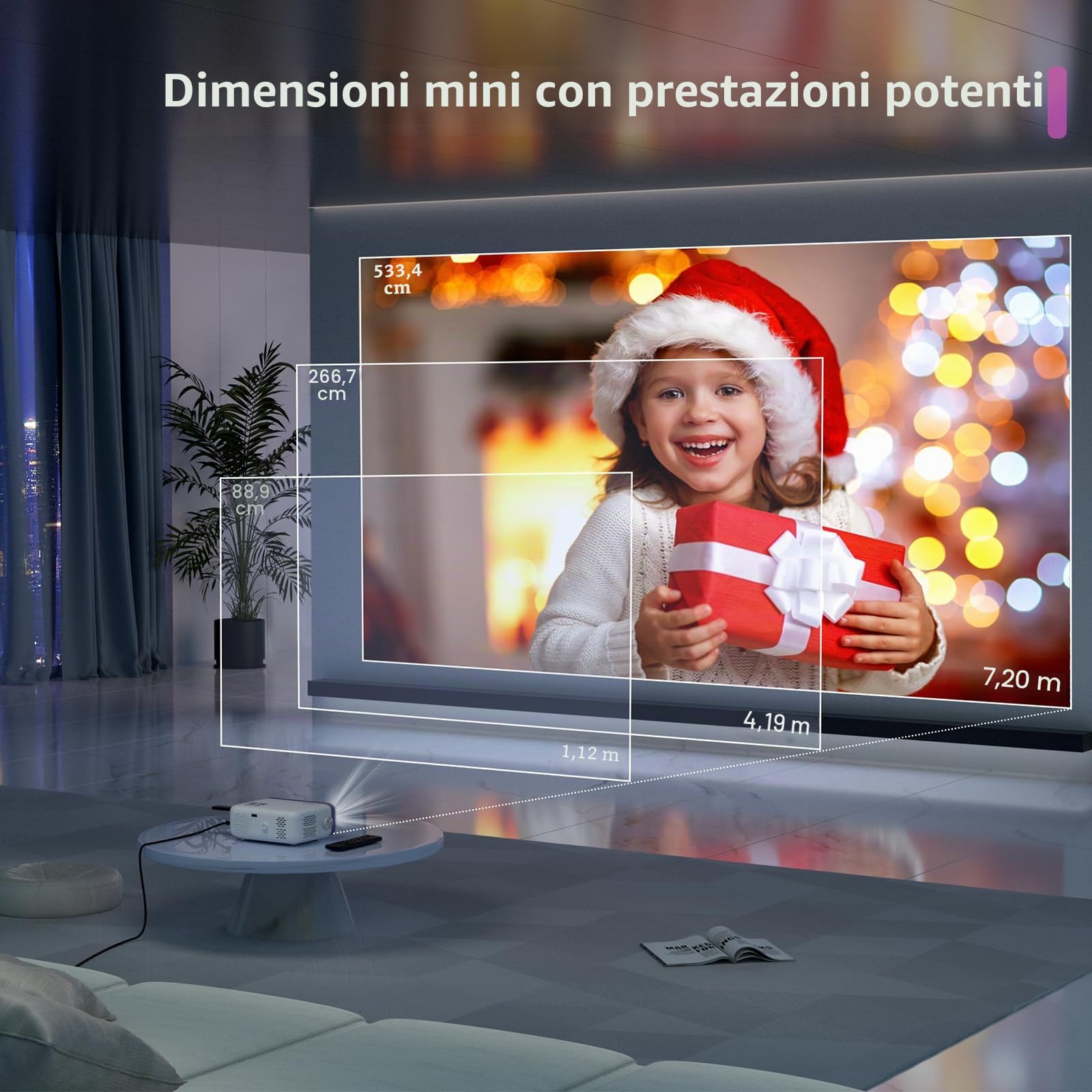 VOPLLS 22000L, videoproiettore Bluetooth WiFi Full HD 1080P, proiettore video portatile con zoom al 50%, per cellulare, tablet, laptop, PC, TV, HDMI, USB, AV