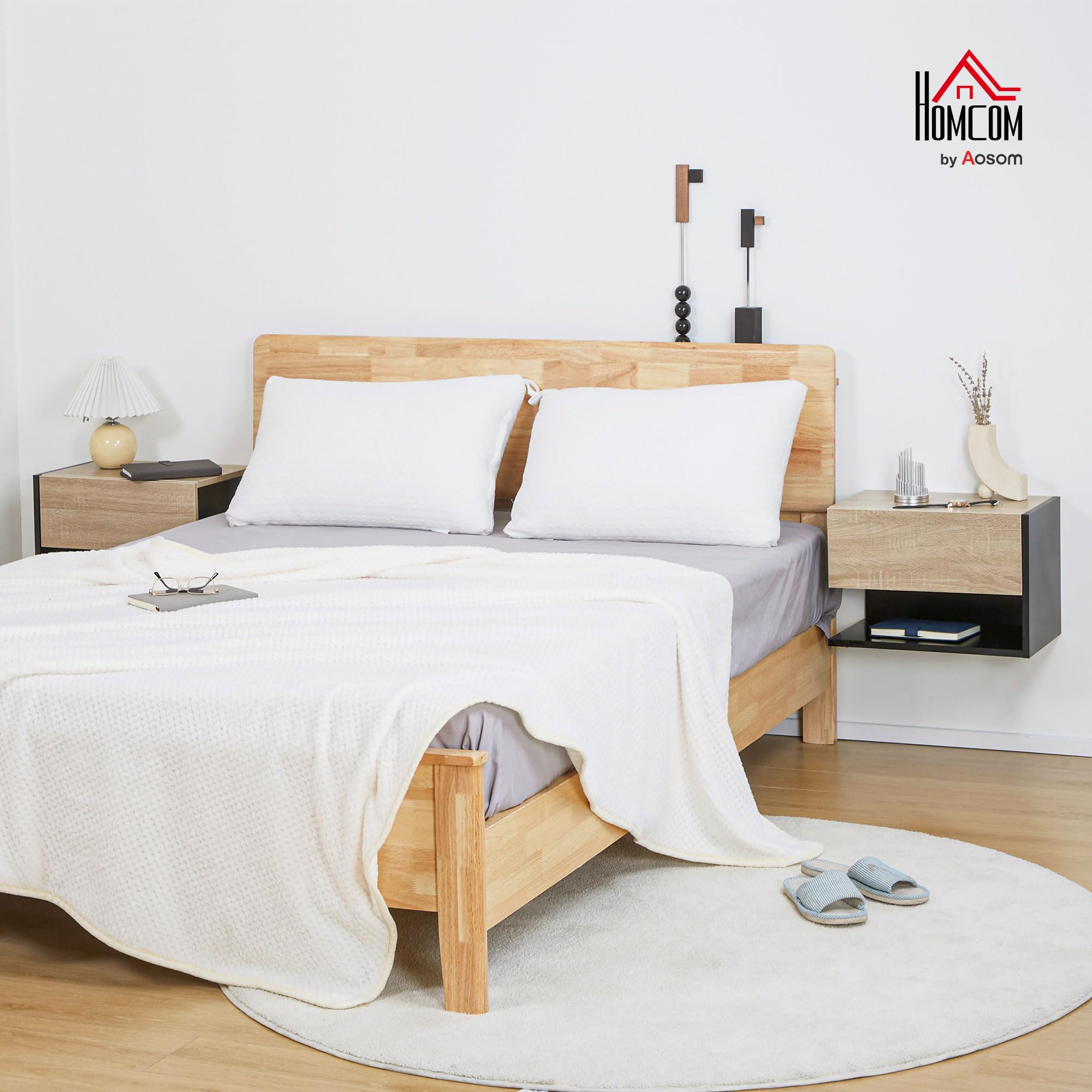 HOMCOM Juego de 2 Mesitas de Noche Flotantes Mesitas de Noche Colgantes con 1 Cajón y Estante Abierto para Dormitorio 46x30x30 cm Roble y Negro