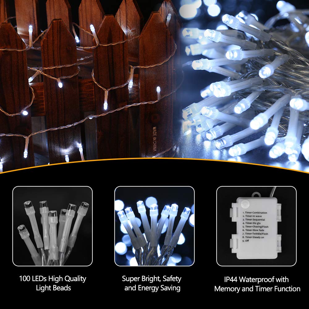 BrizLabs Luci Natalizie a Batteria 10M 100 LED Bianco Freddo Luci Stringa 8 Modalità Impermeabile Cavo trasparente Catena Luminosa Decorazioni Natalizie per Giardino, Albero di Natale, Matrimonio