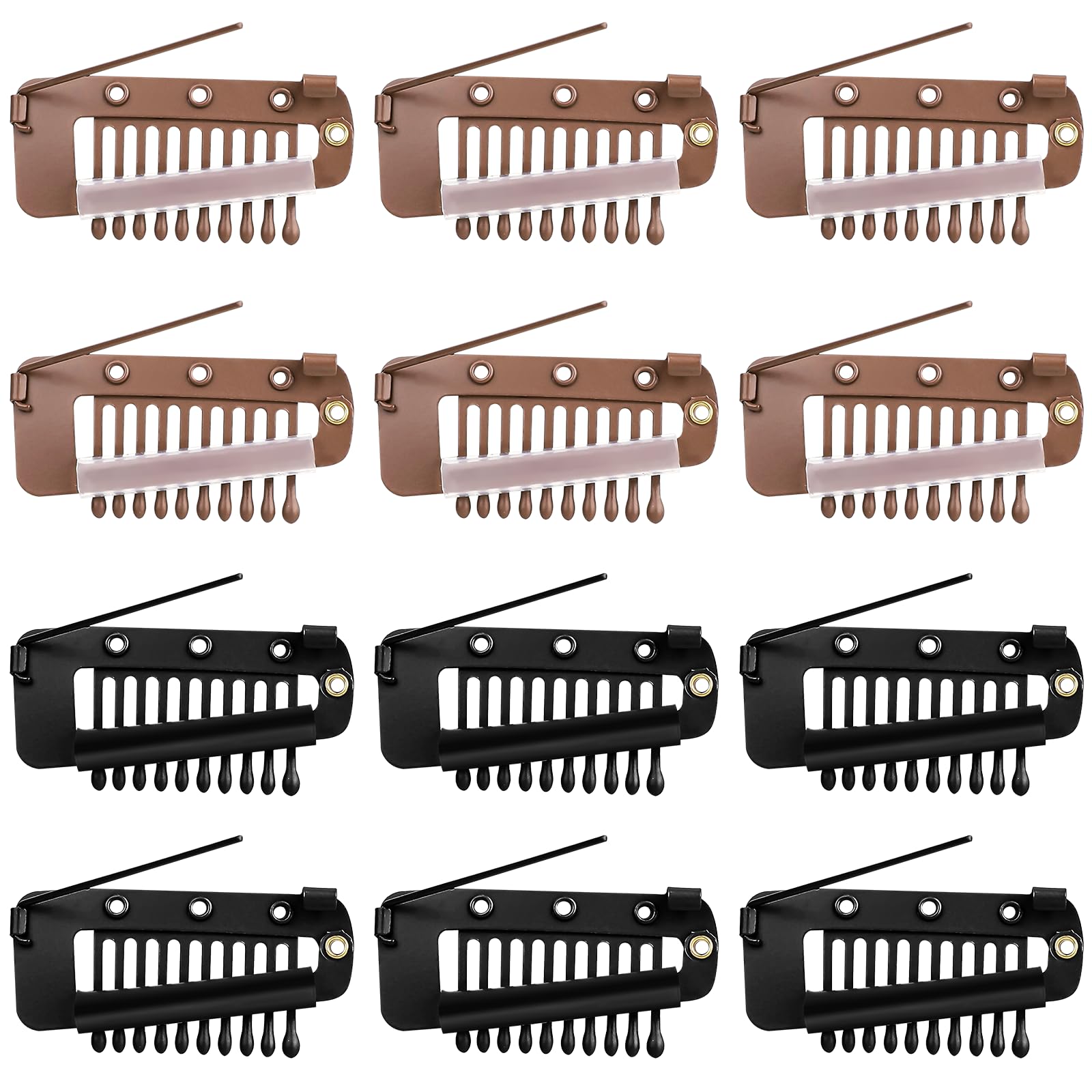 12 Pcs Wig Clip With Safety Pins 10-Teeth Hair Extension Snap Invisible Wig Combs Setting Clips to Secure Wig No Sew Hair Extension Clips for Woman Hijab Veil Hair Extensions Hairpieces (Black, Brown)