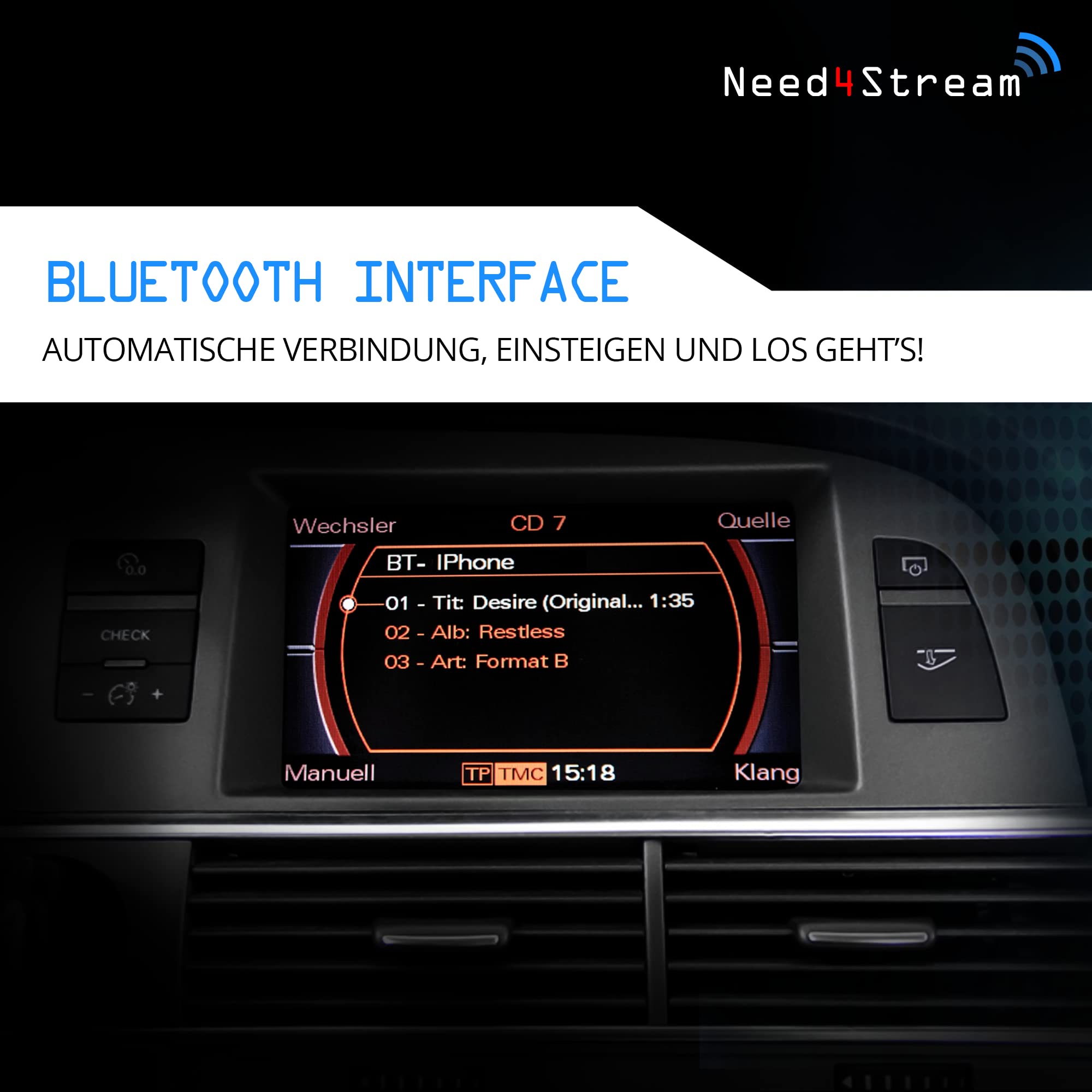N4S73614 A2DP Bluetooth Audio Interface mit Titelanzeige für MMI 2G, kompatibel mit Audi A4 8K, A5 8T/8F, A6 4F, Q7 4L, A8 4E, kompatibel mit iPhone, Android und Streamingdiensten
