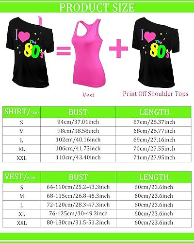 Miniatura 9 de I Love The 80s Disco 80s Disfraz de los años 80 con hombros descubiertos camiseta sin mangas diadema aretes collar calentadores de piernas guantes