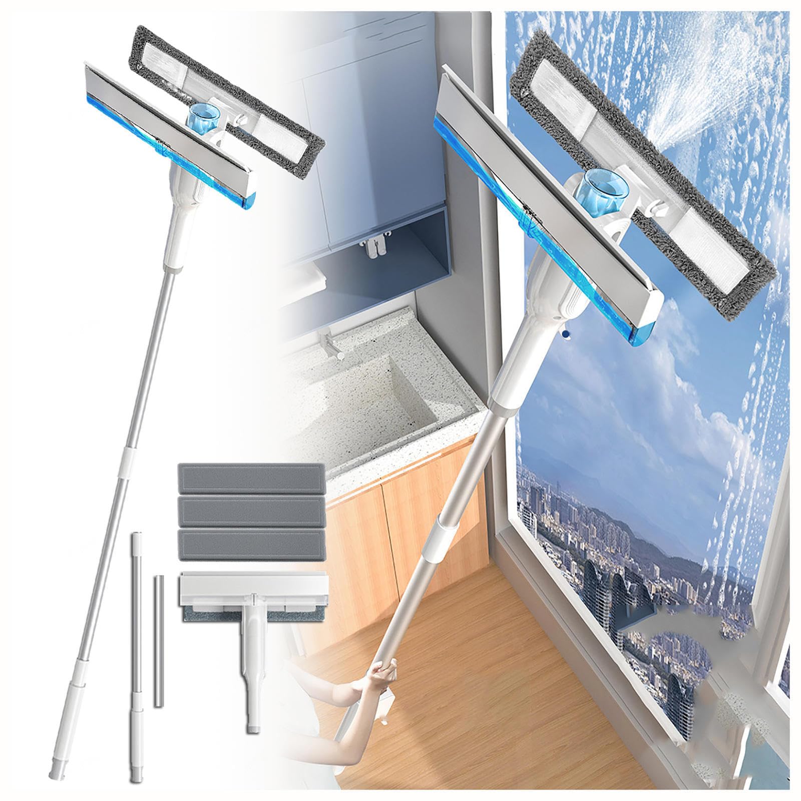 Ściągaczka do okien natryskowych z drążkiem przedłużającym z kolektorem ścieków i 3 podkładkami, 4 w 1, do szklanych drzwi i płytek z drążkiem przedłużającym, do drzwi prysznicowych do wysokiego okna