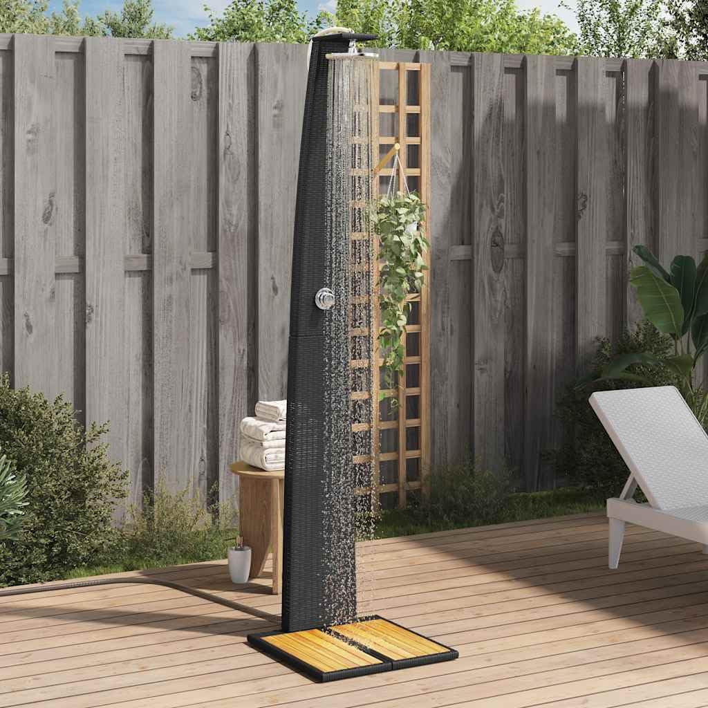 Doccia da giardino nera in polyrattan e legno di acacia, 55 x 60 x 224 cm, con telaio in acciaio verniciato a polvere, per giardino, esterni, terrazza, estate, spa, vasca idromassaggio