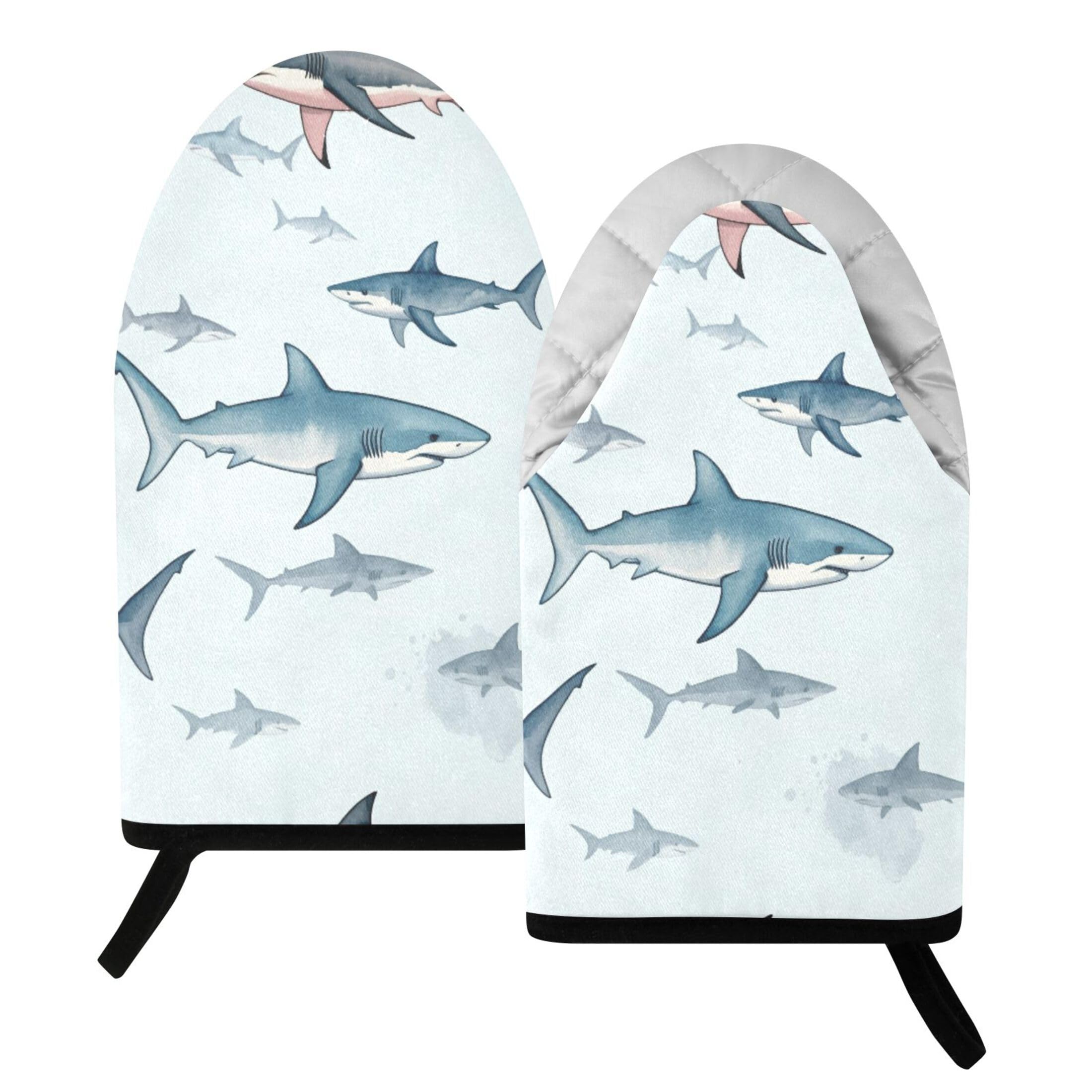 Fuauuyl Oven Mitts Heat Resistant Kitchen Gloves, Watercolor Sharks Classic Oven Gloves with Hanging Loop for Baking BBQ Cooking Grilling, 1 Pair, 9.5 in