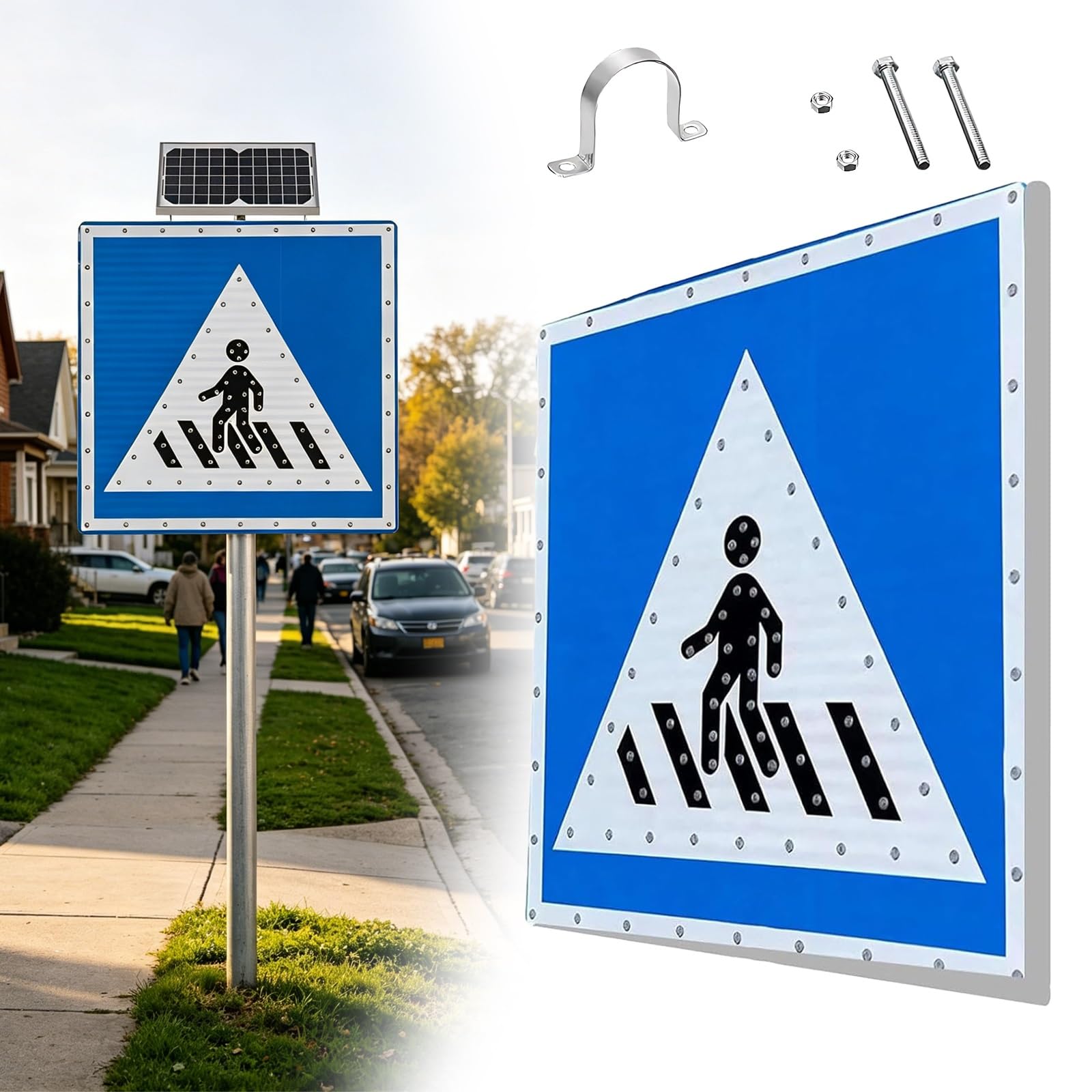 Señal LED de Advertencia de Cruce Peatonal, Señal LED de Cruce de Peatones con Energía Solar, Visible 500m, IP65, para Aparcamientos Escolares y Calles Secundarias(30")