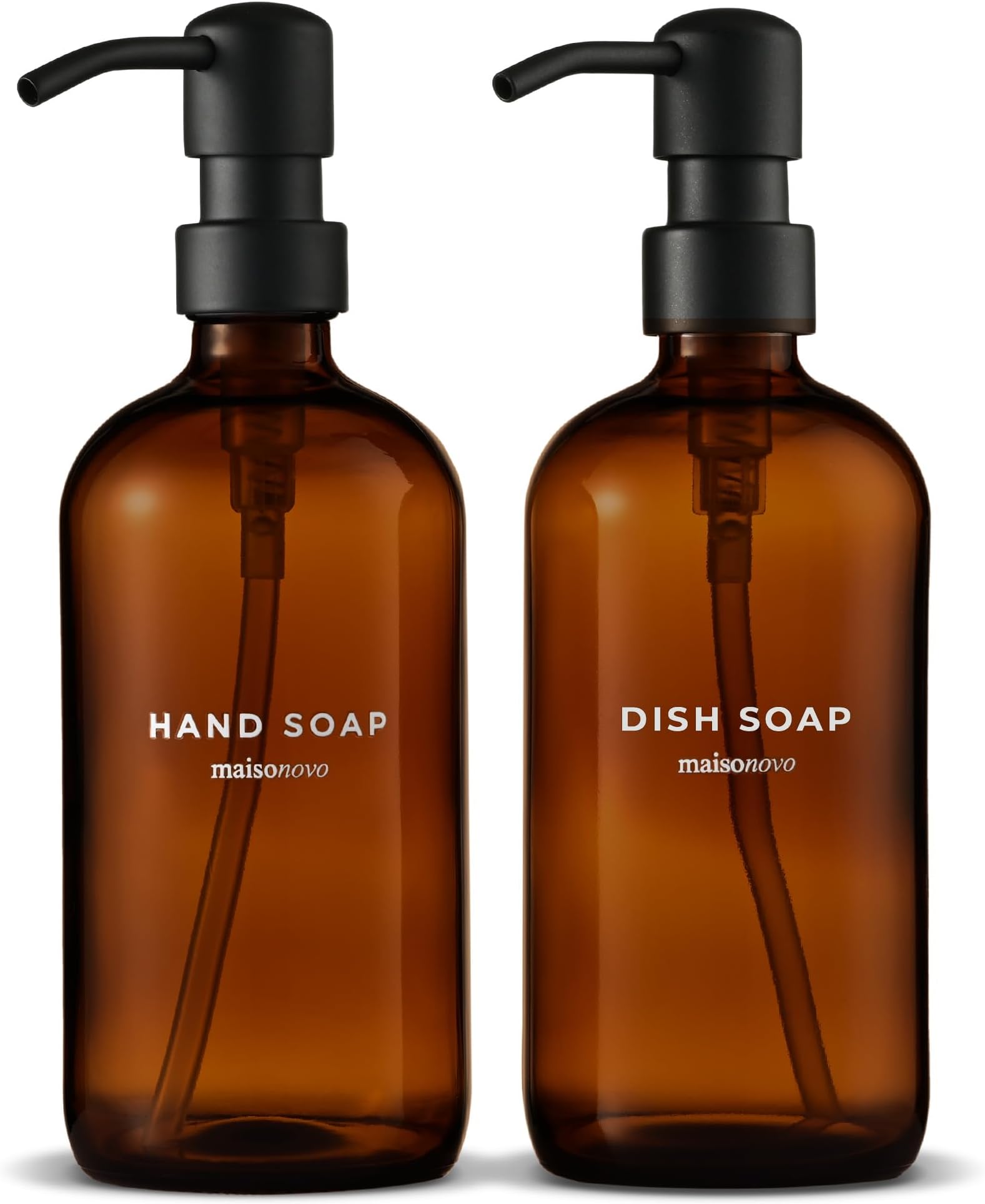 Soap Dispenser 2-Piece Set | 16.9oz Amber Bottles with Black Plastic Pumps