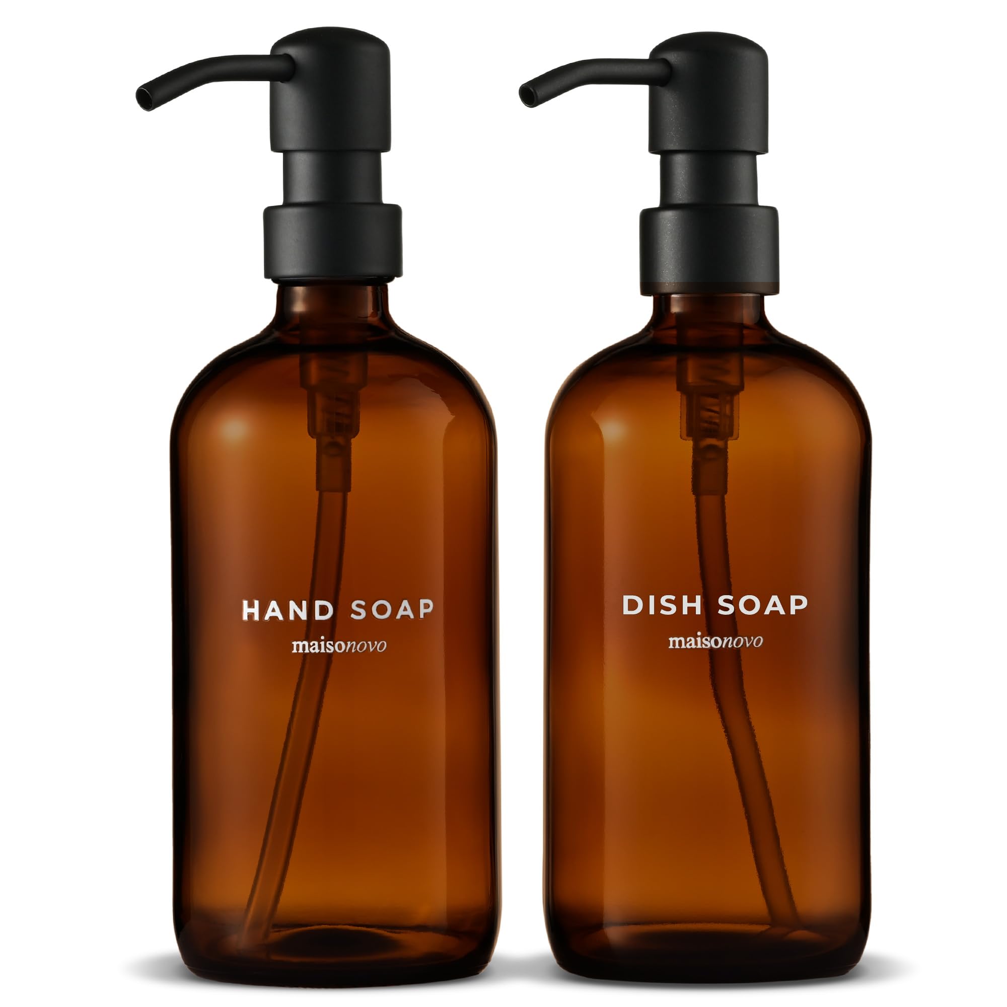 Maisonovo 2 X Amber Bottles Black Pumps Hand And Dish Soap Dispenser Kitchen Set - 500 Ml Amber Glass Soap Dispenser Bottle With Pump Black X 2, Waterproof Labels