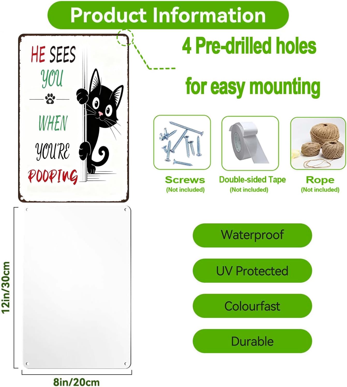 Funny Black Cat Bathroom Wall Art Decor Sign,He Sees You When You're Pooping,Vintage Cat Stuff Toilet Accessories Gifts for People Who Love Cats - Image 2