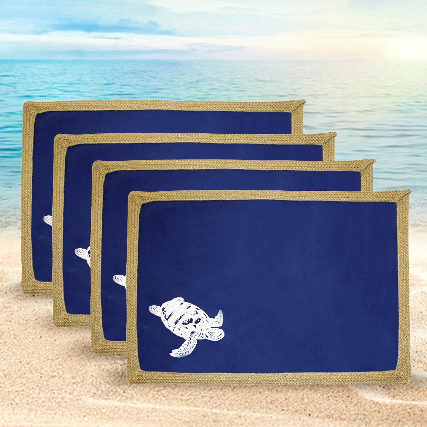 CONTEMPO LIFESTYLES Washable Cotton Placemats – Set of 4 Decorative Beach Themed Placemats – 13 x 19 Inch Size – Navy, Coral, Aqua – Marine Sea Creatures Cute Design – Ideal for Party, Family Dinner
