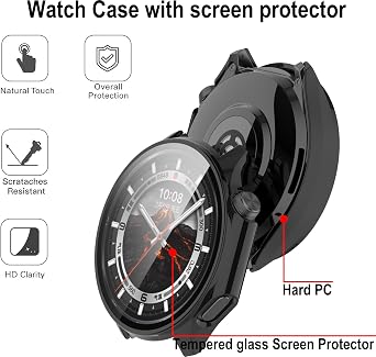 KZIOACSH Case with Tempered Glass for OnePlus Watch 3 47mm/Oppo Watch X2, 2 Pack All Around Hard PC Protective Case Ultra-Thin Anti-Scratch Shockproof Overall Screen Protector Tough Shell,Black+Clear