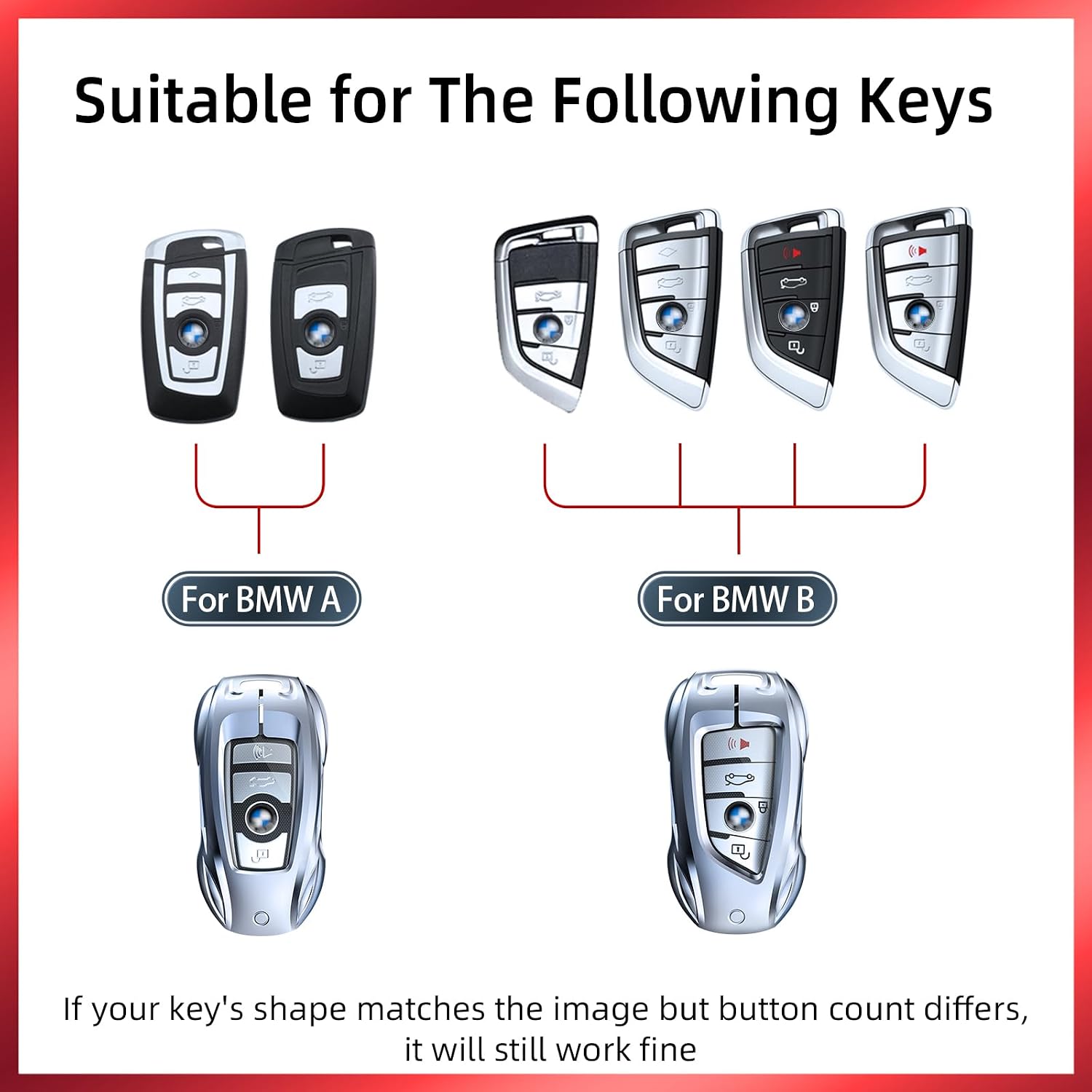 Key Fob Cover with Keychain for BMW, Metal Shell Case,Compatible with X1 X3 X4 X5 X6 1 2 4 5 6 7 Series (Fashion Silver，for BMW-A)