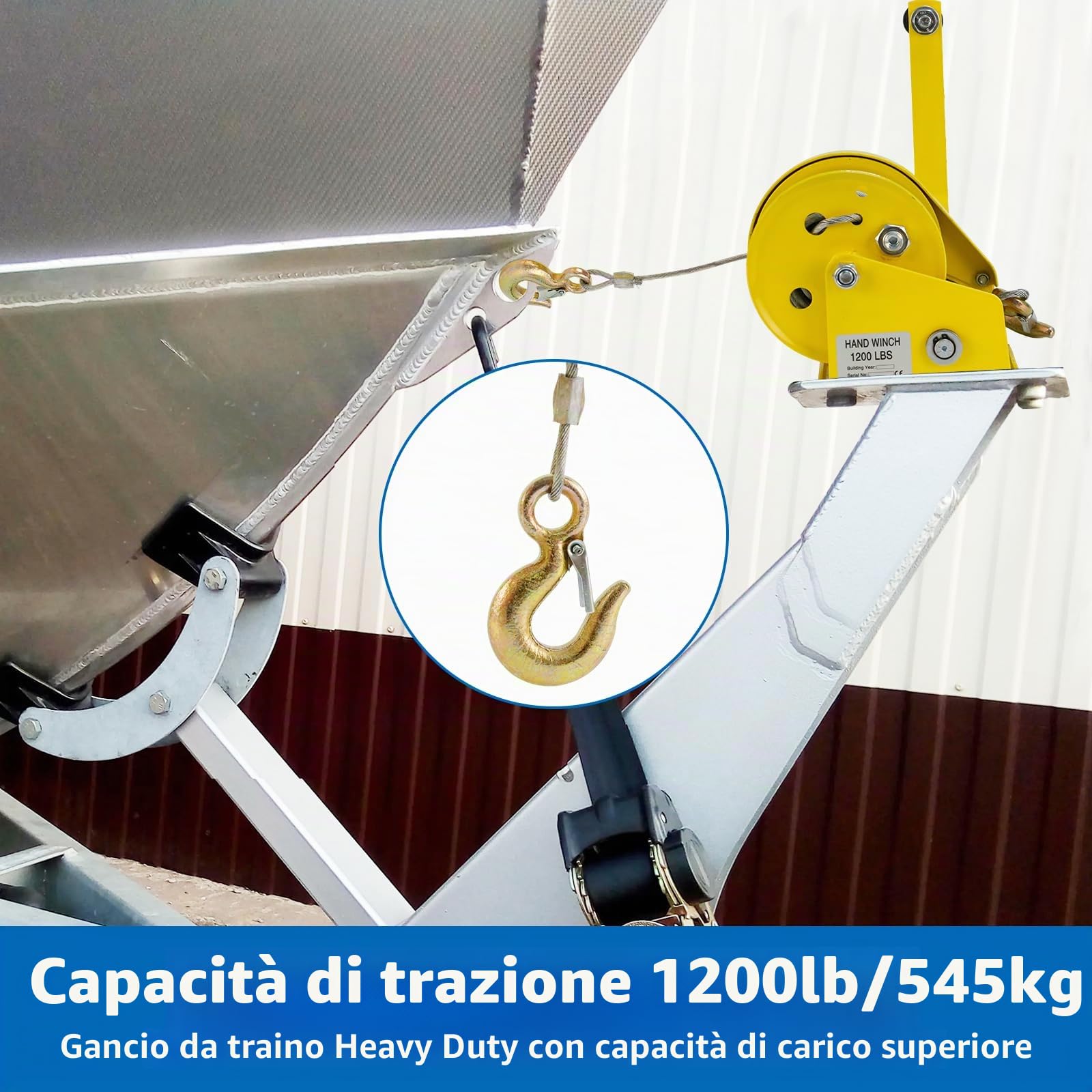 Verricello Manuale 1200lb Argano Manuale con Freno Automatico Argano per Rimorchio Auto Barca Gru Strumento con Cavo in Acciaio da 10m per Traino, Sollevamento, uso Esterno