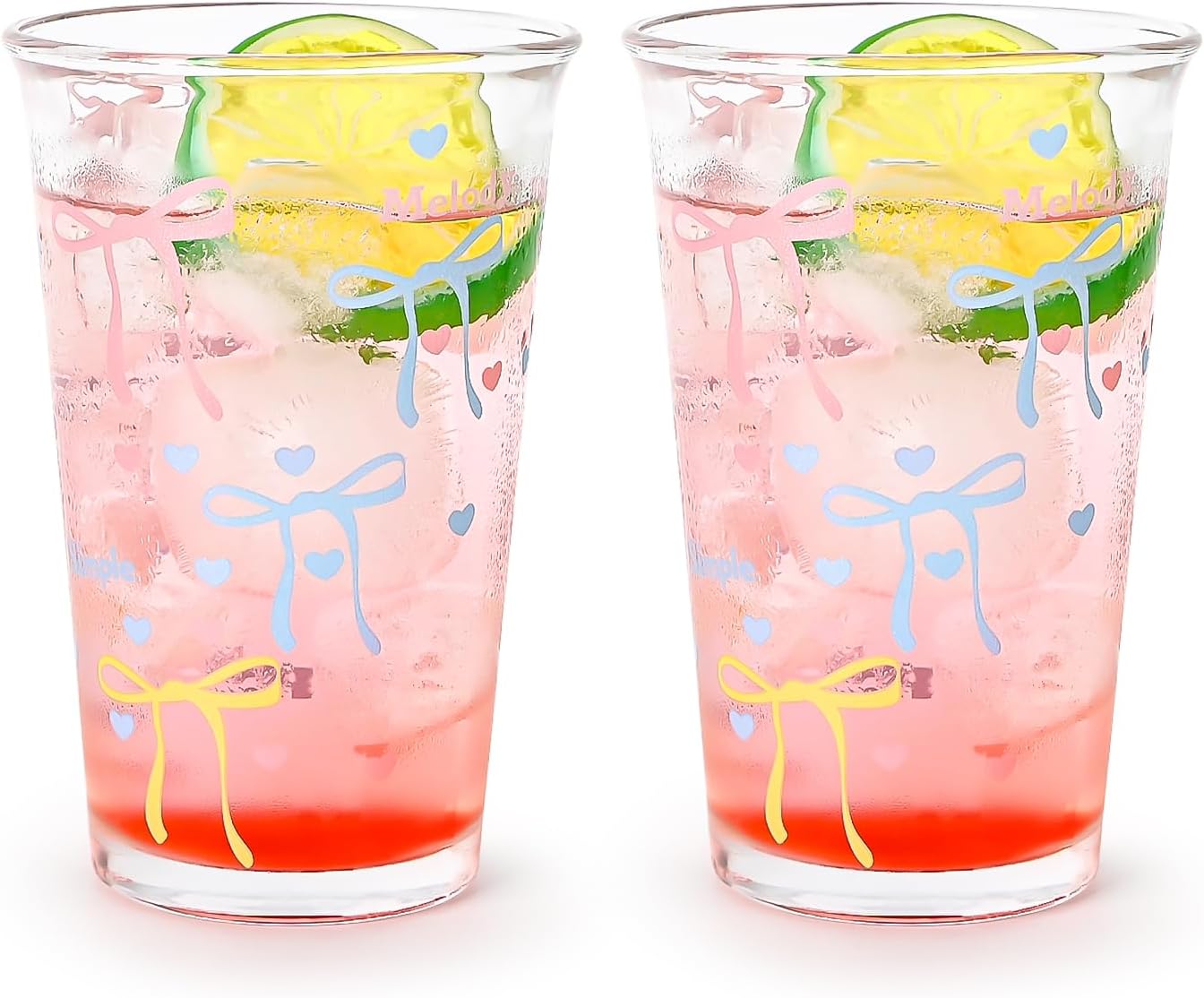 Koythin 2-Piece Glass Cups, Cute Glassware Sets for Water Juice Iced Coffee, Aesthetic Coffee Mug, Unique Color Bow Cup for Mom Girl Women (Set of 2)