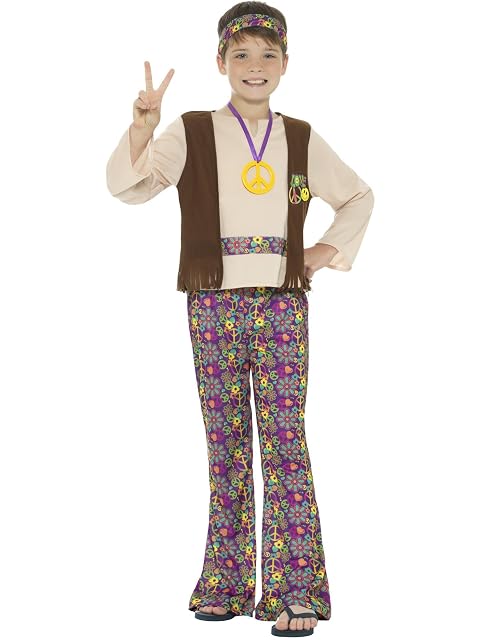 Smiffys Disfraz de hippy para chico, multicolor, con camiseta, chaleco cosido, pantalones