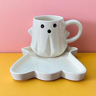 BACKKSPACE RETAIL 3D Mysitical Figure in White with Dessert Plate | Creative Morning Mug Cup for Hot and Cold Tea Milk Coffee Cookie | Perfect for Kids Decorations Best Office Cup (Ceramic), 350 ML