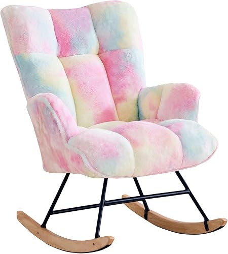 Vista 15 de Mecedora tapizada para cuarto de bebé, mecedora tapizada, mecedora con asiento acolchado con respaldo alto, cómoda silla auxiliar para sala de Blanco