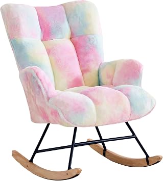 Zedachica Rocking Chair Nursery Teddy Upholstered Glider Rocker Rocking Accent Chair Padded Seat with High Backrest Armchair Comfy Side Chair for Living Room Bedroom Offices Colorful